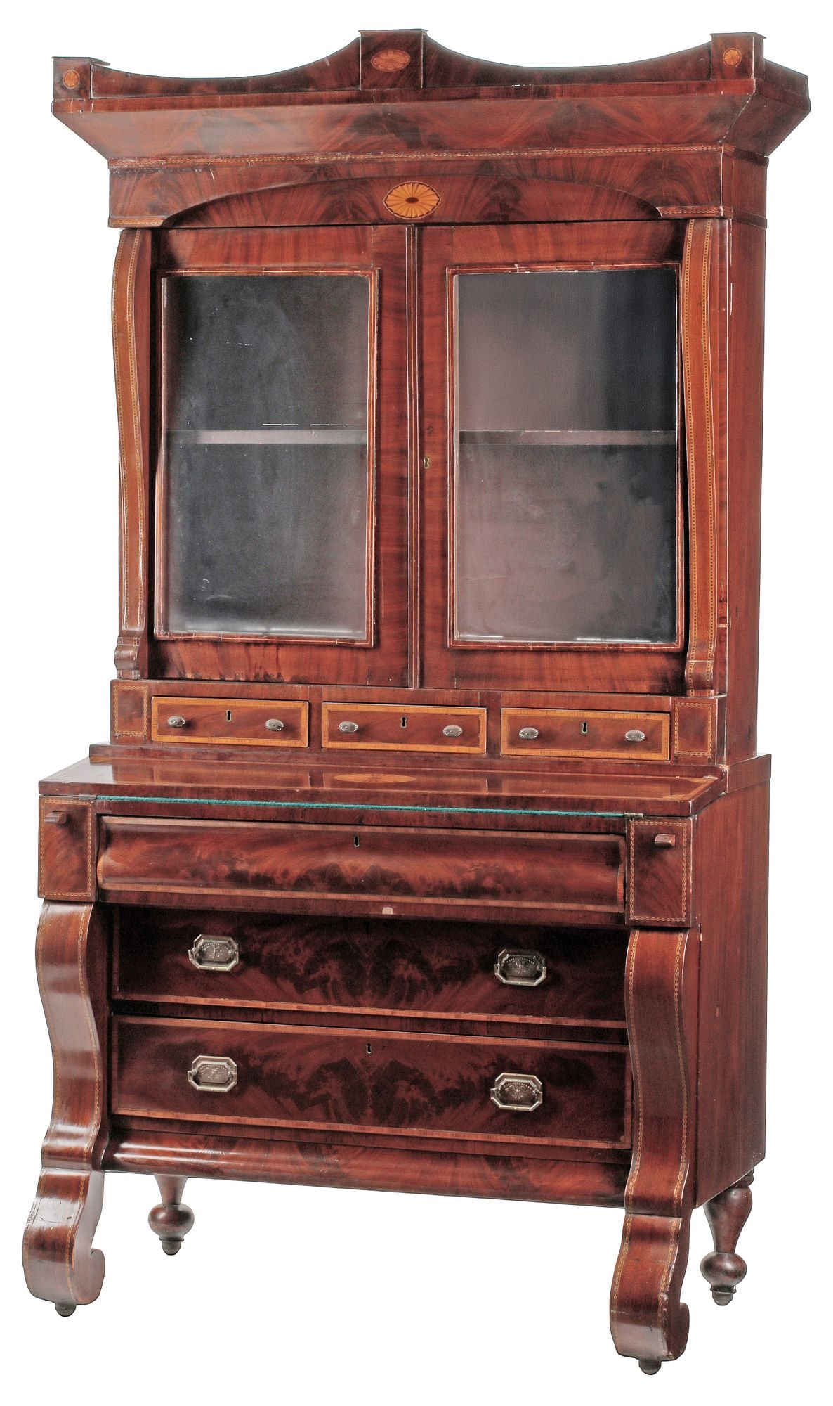 AMERICAN EMPIRE INLAID MAHOGANY SECRETARY BOOKCASE: American Empire inlaid mahogany secretary bookcase, 19th c., having sloped cornice with parquetry patera motifs, above dual glazed cabinet doors with stringwork trim, opening to shelved interior, thre