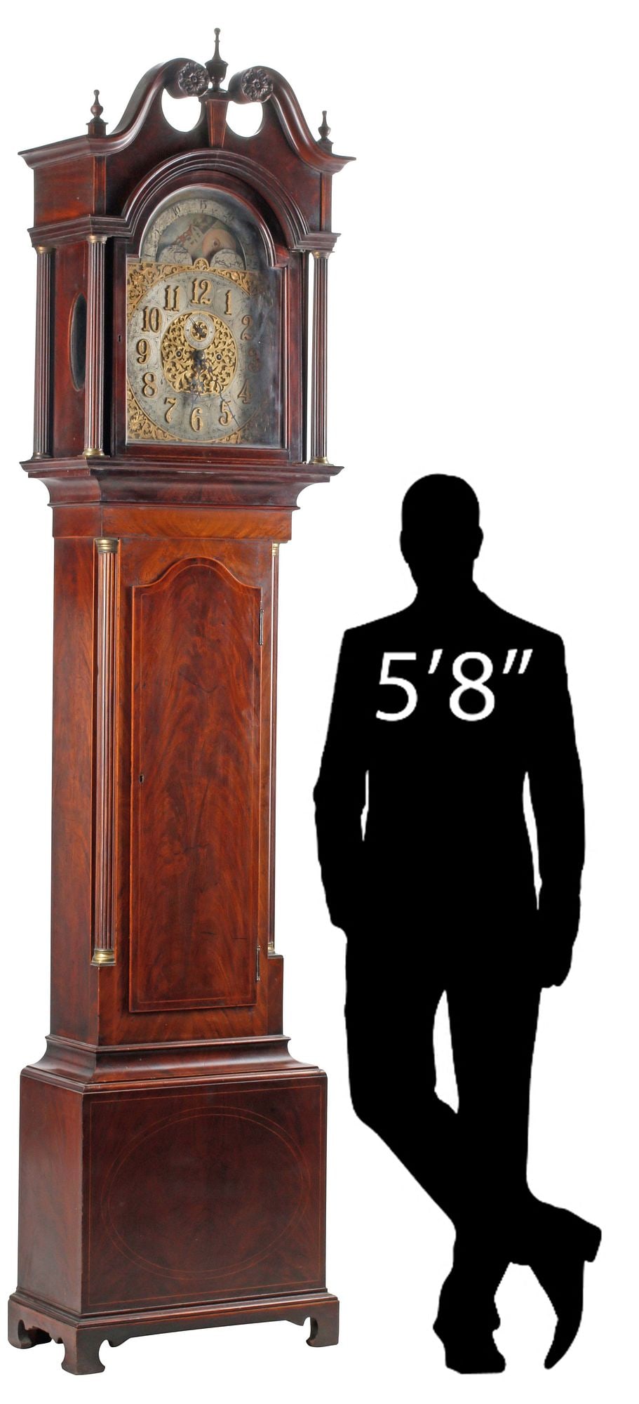 ENGLISH GEORGIAN PERIOD INLAID MAHOGANY LONGCASE CLOCK: English Georgian period flame mahogany longcase clock, 18th c., having split swan neck pediment with vasiform finials, moon phase dial with date markers, over openwork gilt-metal main dial with