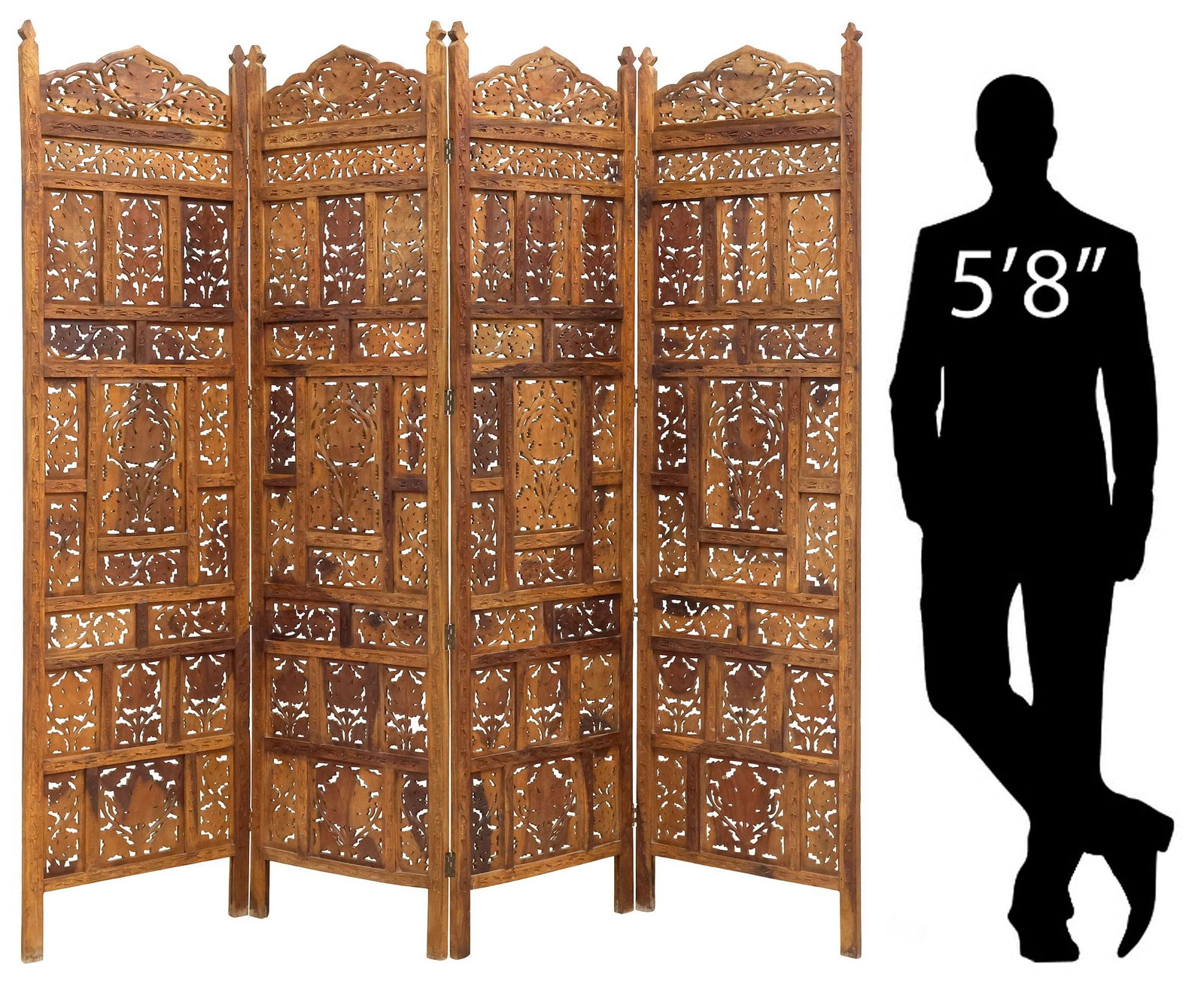INDONESIAN CARVED TEAK SCROLLED FOLIATE 4-PANEL FLOOR SCREEN, 72"H (1 of 5)