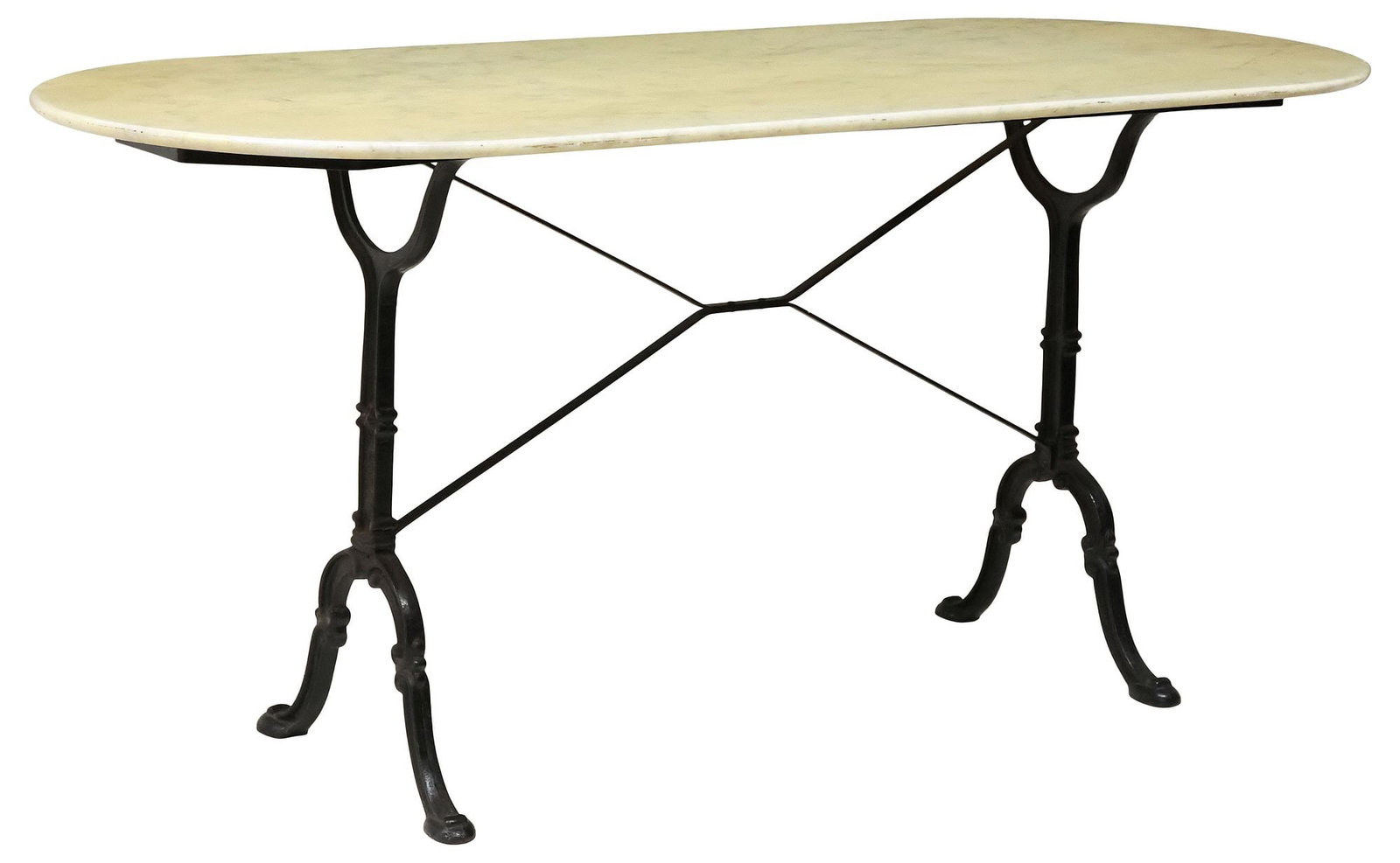 LARGE FRENCH MARBLE-TOP CAST IRON BISTRO TABLE, 63"L (1 of 4)