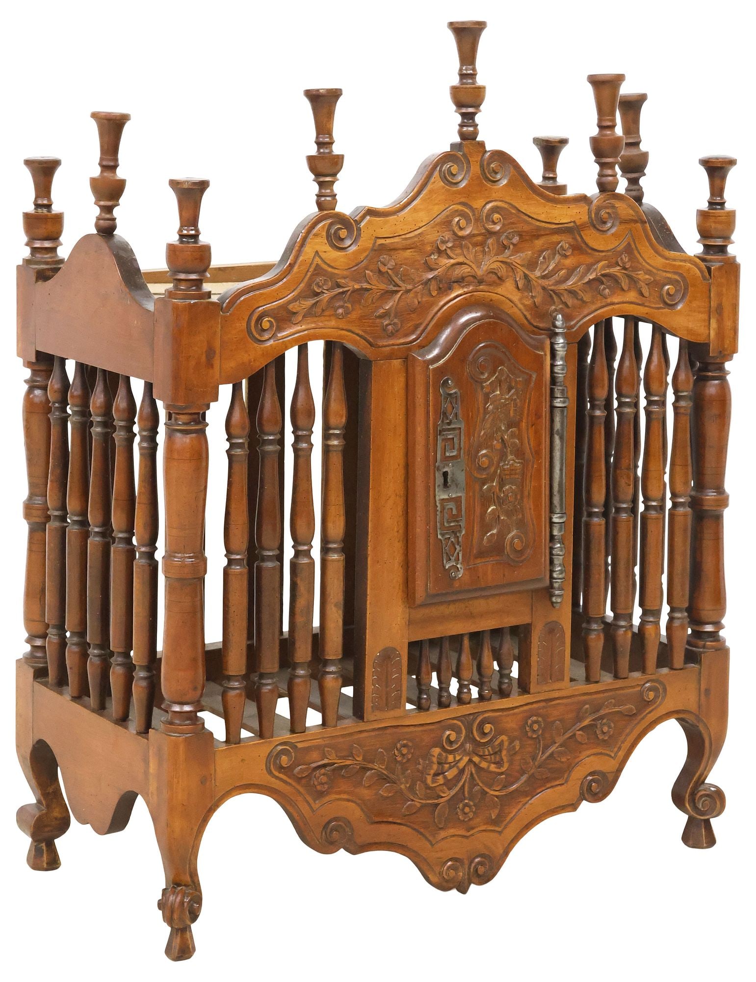 FRENCH PROVINCIAL LOUIS XV STYLE CARVED WALNUT PANETTIERE / BREAD SAFE: French Provincial Louis XV style walnut Panettiere/ bread safe, 19th c., arched crest with carved foliate vinery, topped by turned finials, over spindled frame with central paneled door on long exteri