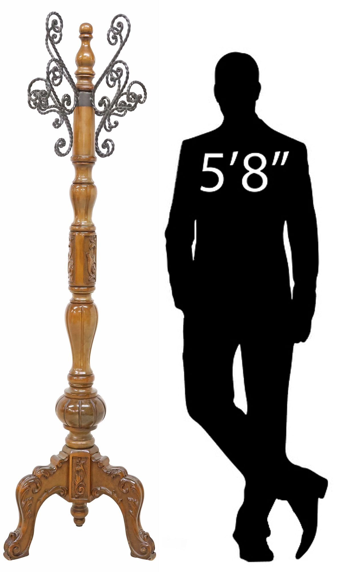 ITALIAN WROUGHT IRON & CARVED WOOD STANDING HALL TREE: Italian wood and wrought iron standing hall tree, 20th c., turned wood finial, over four scrolled hat/ coat hooks, rising on standard with raised foliate motifs, on tripartite base and whorl feet,