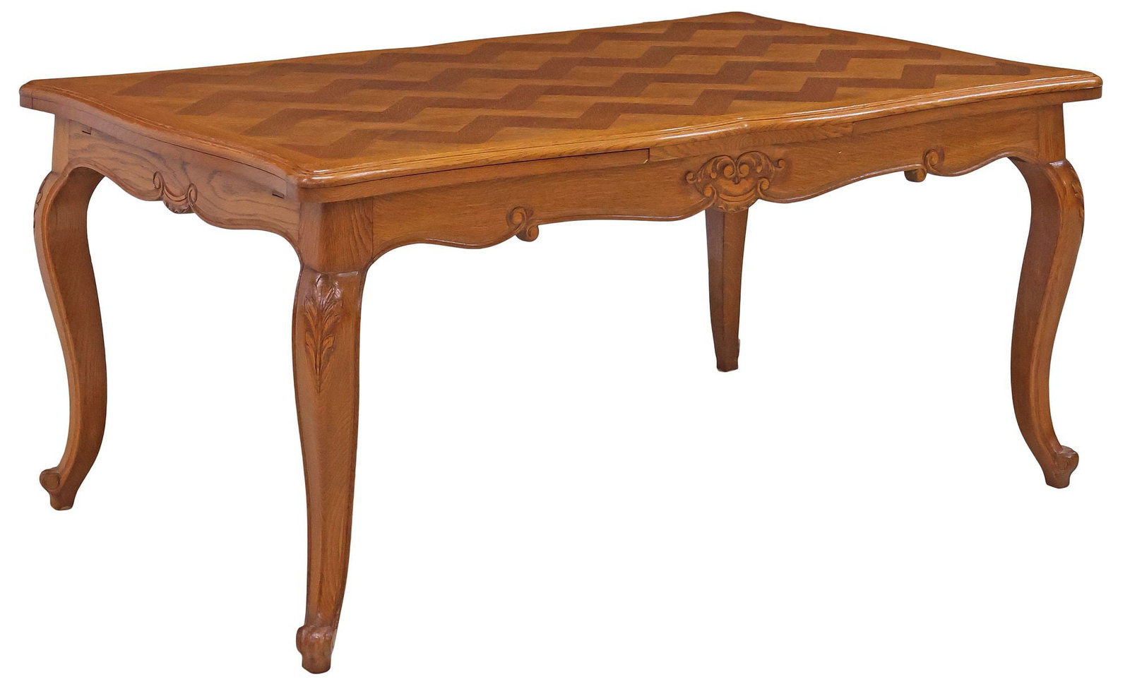 FRENCH PROVINCIAL LOUIS XV STYLE PARQUET-TOP OAK DRAW-LEAF DINING TABLE (1 of 5)