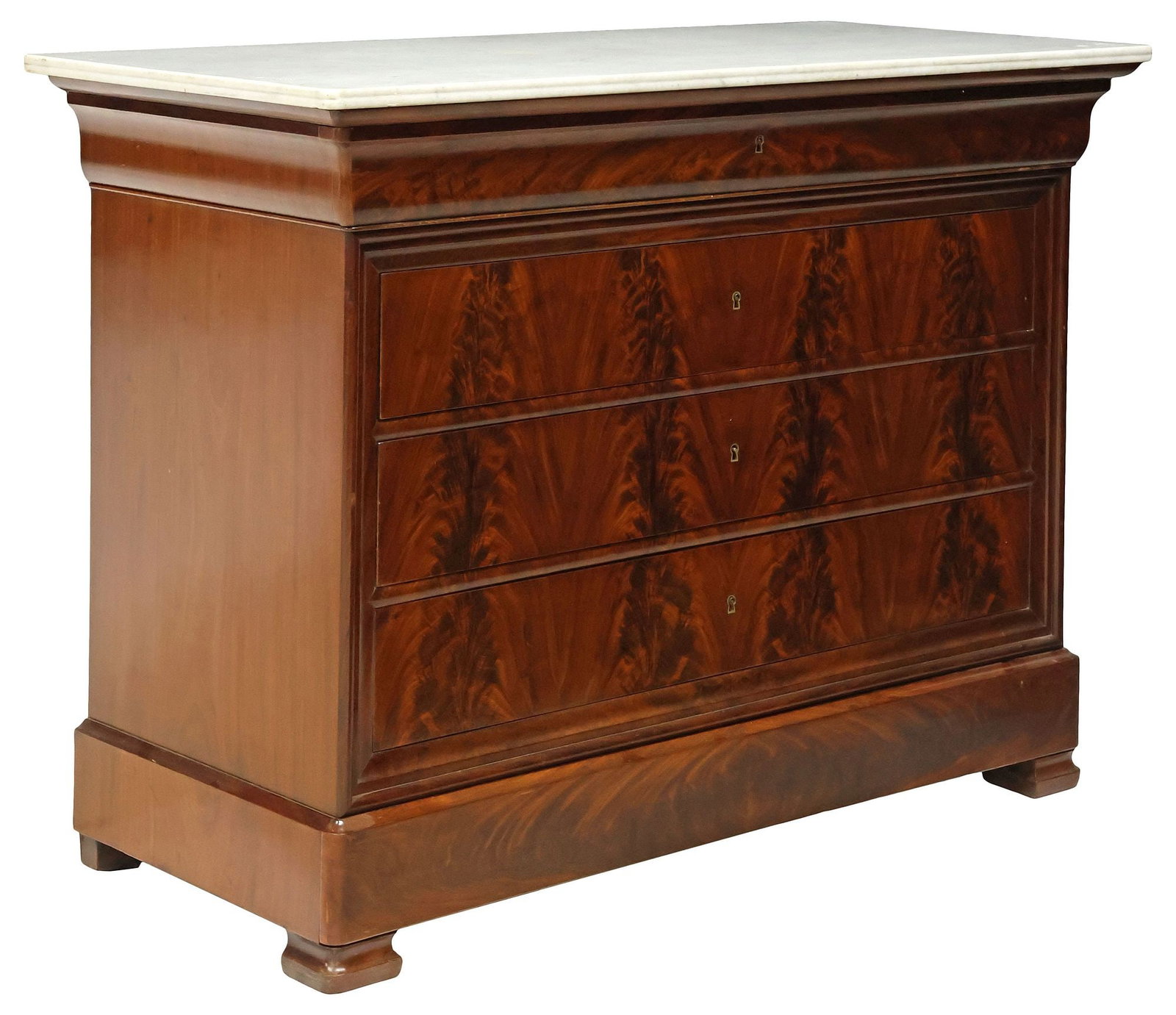 FRENCH LOUIS PHILIPPE MARBLE-TOP MAHOGANY COMMODE: French Louis Philippe period flame mahogany commode, mid 19th c., having marble top, above ogee frieze drawer with divided interior, three standard drawers below, the apron concealing an additional dr