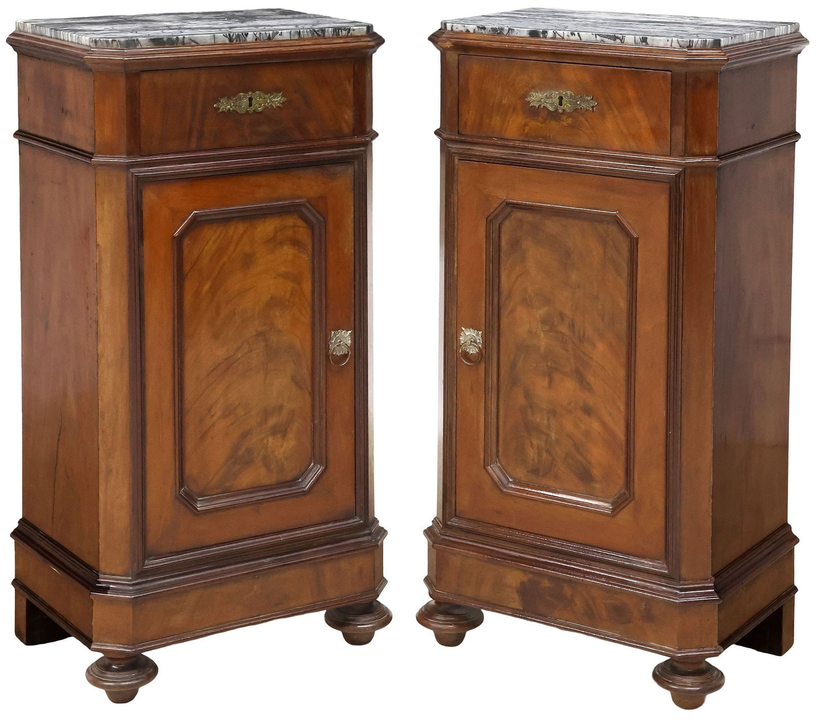 (2) FRENCH LOUIS PHILIPPE MARBLE-TOP BURLED MAHOGANY BEDSIDE CABINETS (1 of 6)