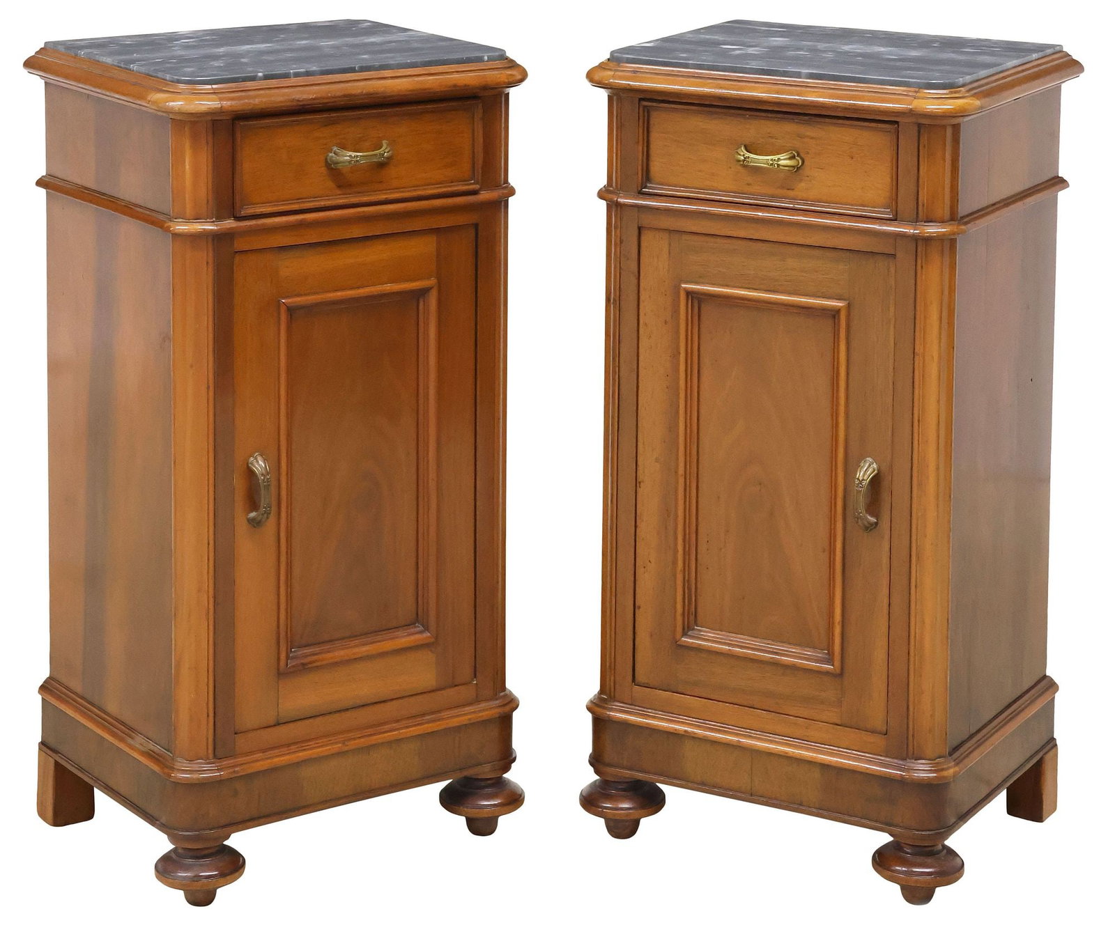 (2) LOUIS PHILIPPE MARBLE-TOP MAHOGANY NIGHTSTANDS / BEDSIDE CABINETS: (pair) Louis Philippe mahogany nightstands/ bedside cabinets, mid 19th c., each having marble top, over single drawer and cabinet door, revealing single fixed-height shelf, ending on bun feet, approx 