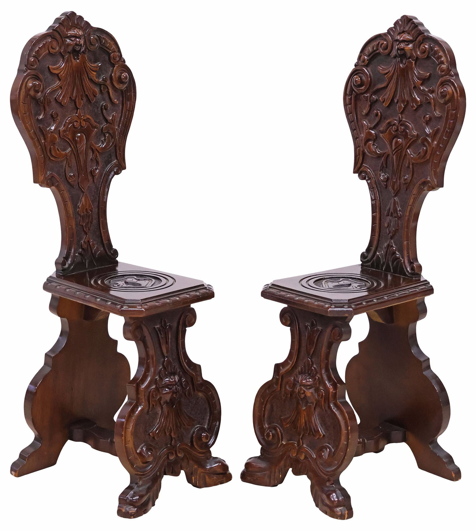 (2) ITALIAN RENAISSANCE REVIVAL CARVED WALNUT HALL CHAIRS (1 of 5)