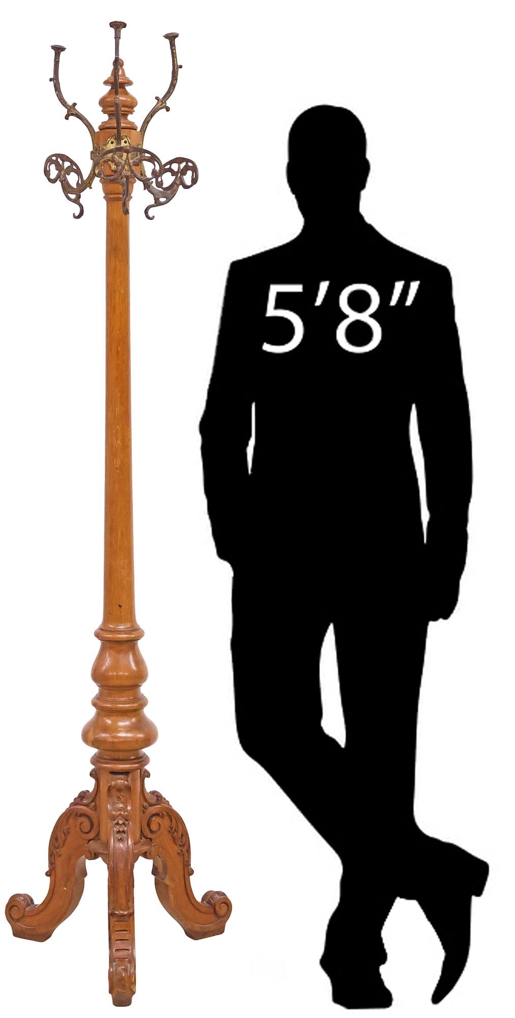 ITALIAN GILT METAL & TURNED WOOD STANDING HALL TREE: Italian wood and gilt metal standing hall tree, 20th c., having three gilt metal hooks, over turned standard, raised on tripartite base, ending on scroll feet, approx 76"h, 20"w, 20"d