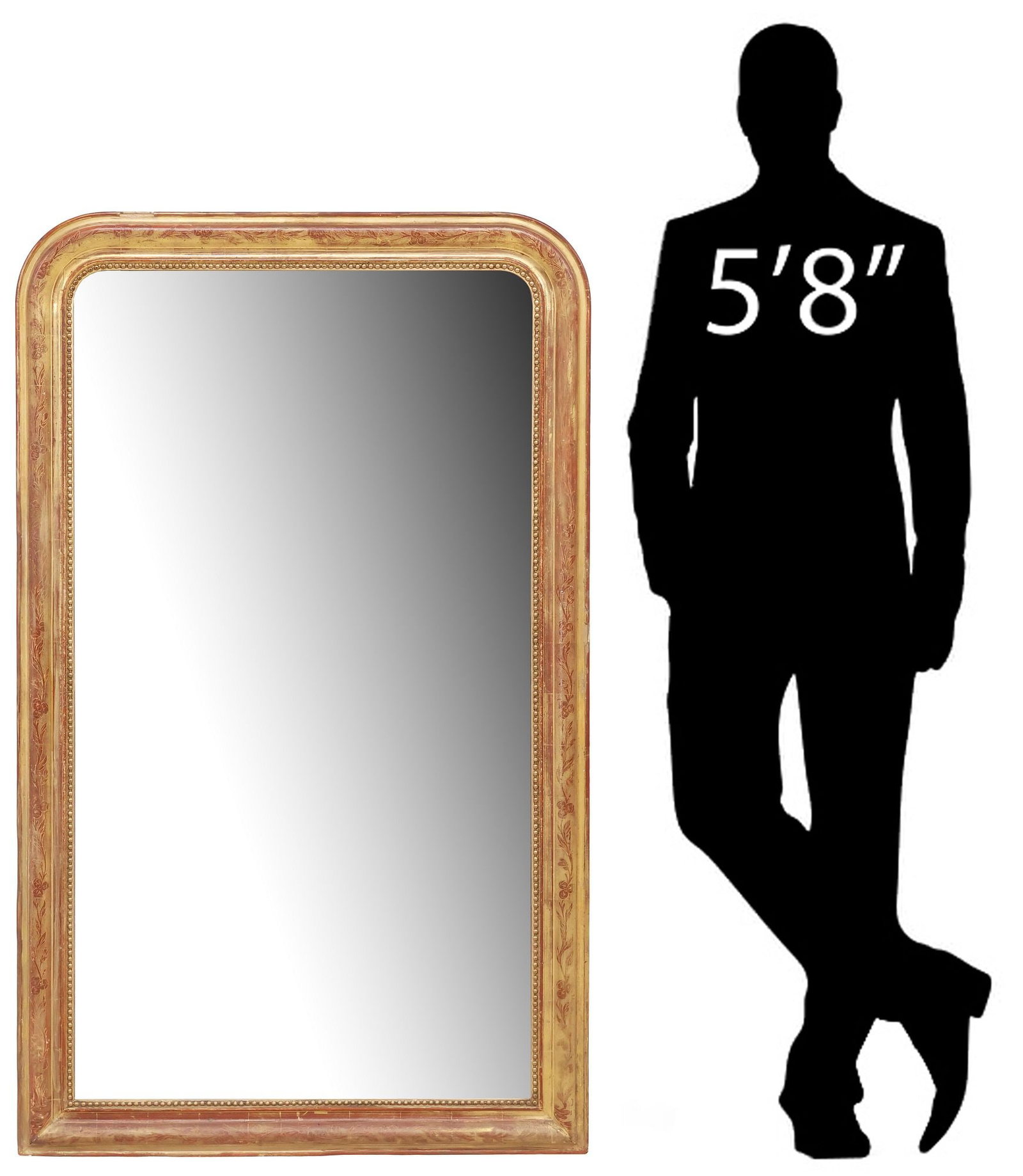 LARGE FRENCH LOUIS PHILIPPE PERIOD GILTWOOD MIRROR, 60.5"H: French Louis Philippe giltwood mirror, mid 19th c., having arched frame with incised foliates and beaded trim, encasing flat mirror plate, approx 60.5"h, 36.5"w, 63lbs