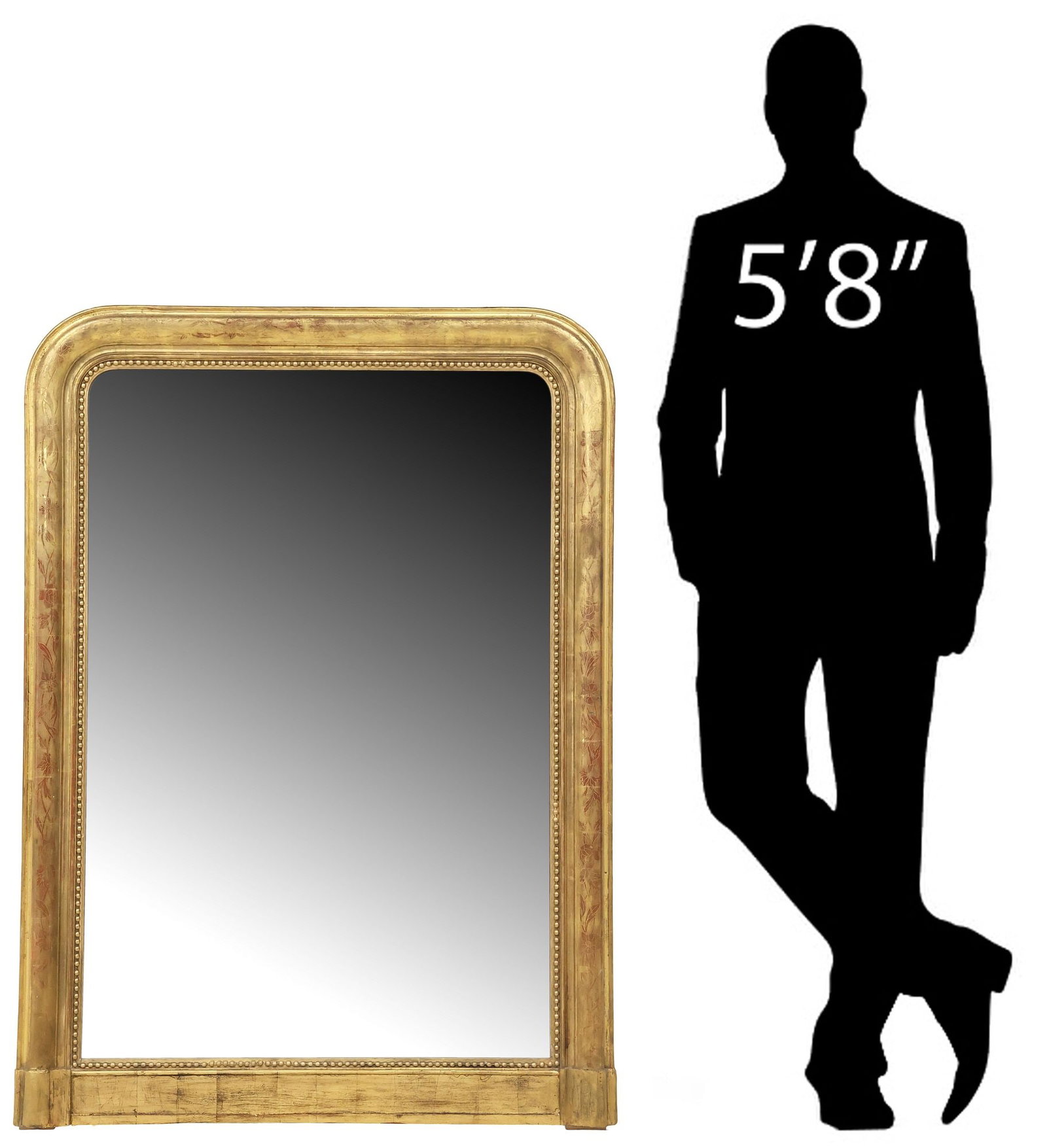 FRENCH LOUIS PHILIPPE PERIOD INCISED GILTWOOD MIRROR, 56.75"H: French Louis Philippe period giltwood mirror, mid 19th c., having arched frame with incised foliates and beaded trim, encasing flat mirror plate, approx 56.75"h, 40.75"w, 60lbs