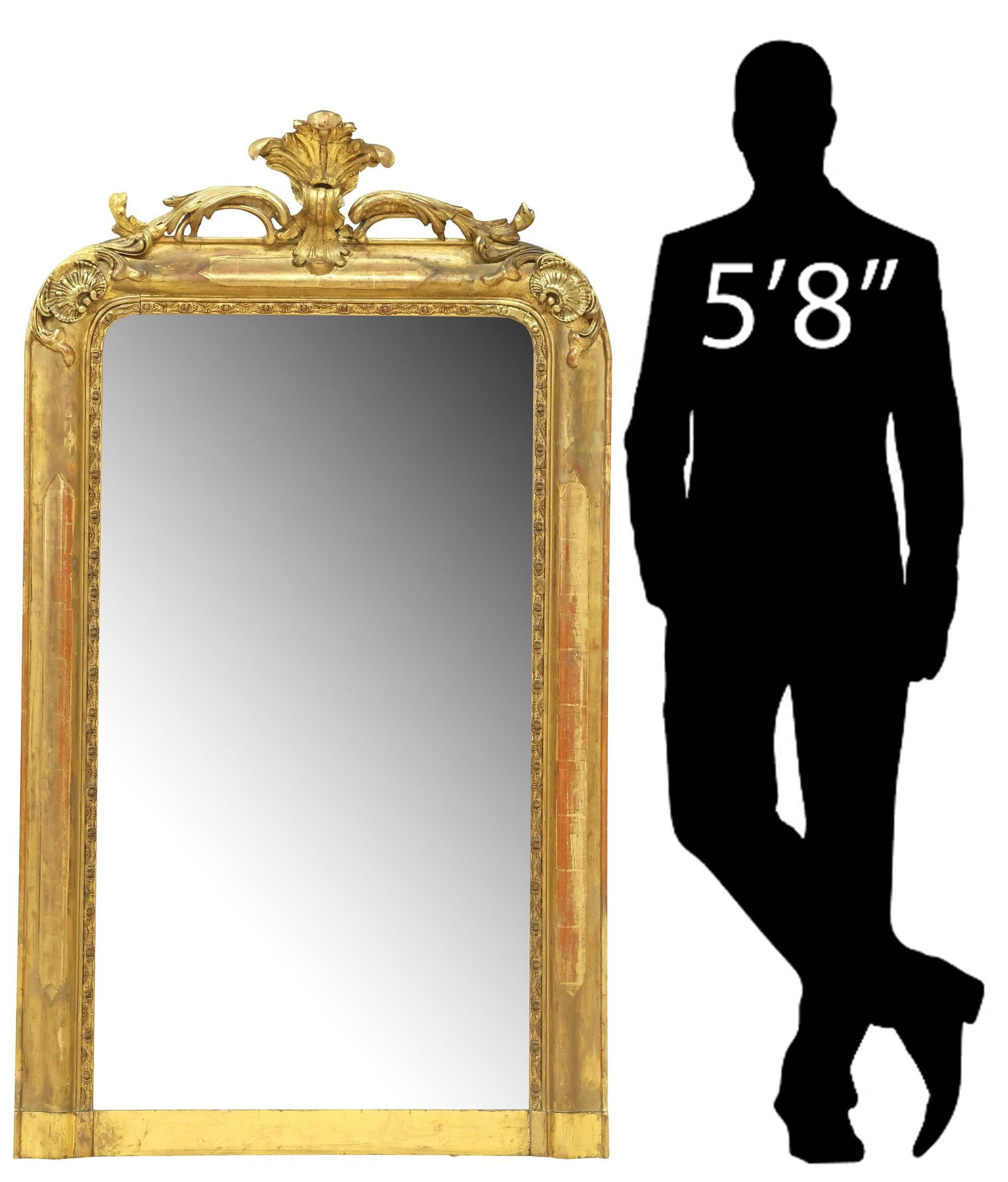 FRENCH LOUIS PHILIPPE PERIOD GILTWOOD WALL MIRROR, 55"H: French Louis Philippe giltwood mirror, 19th c., fanned foliate-molded crest with scrollwork, over arched frame with shell motifs, encasing flat mirror plate, crest intact with restorations, approx 55.