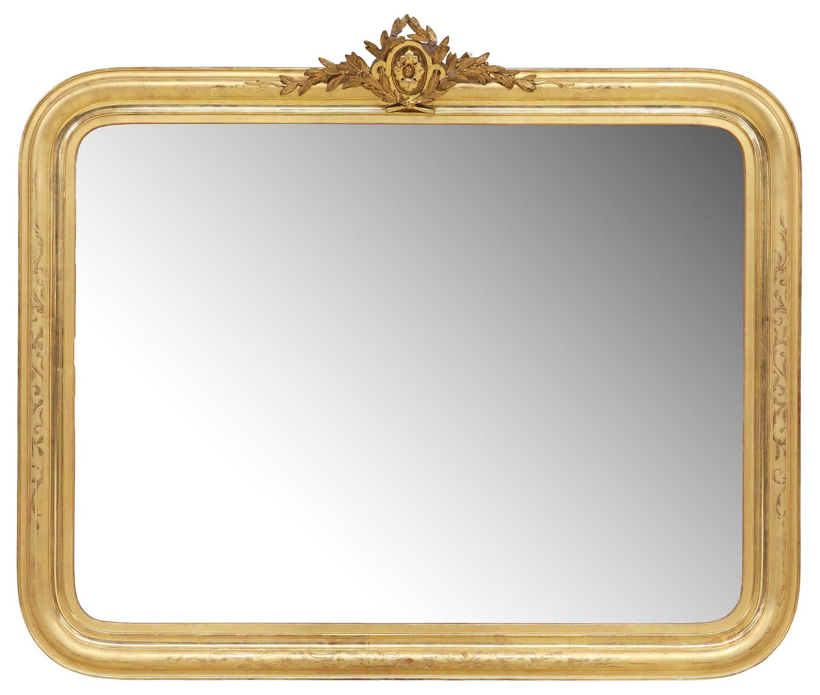 FRENCH LOUIS PHILIPPE PERIOD INCISED GILTWOOD WALL MIRROR, 54.25"L: French Louis Philippe giltwood wall mirror, mid 19th c., having floral medallion crest with laurel branches, over rounded frame with incised foliates, encasing later flat mirror plate, approx 46"h, 54