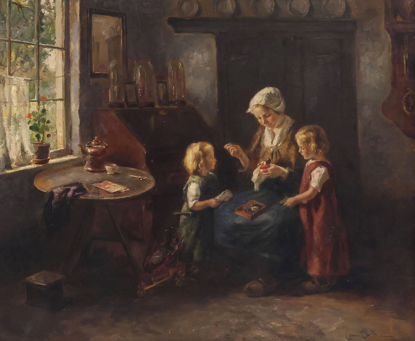 CORNELIUS ZWANN (DUTCH, 1882-1964) PAINTING, INTERIOR SCENE WITH CHILDREN: Framed oil on canvas painting, Dolby's New Dress, signed lower right Cornelius Zwaan (Dutch, 1882-1964), titled on label affixed to dust cover, sight: approx 24.25"h, 29.5"w, overall: approx 28.5"h, 3