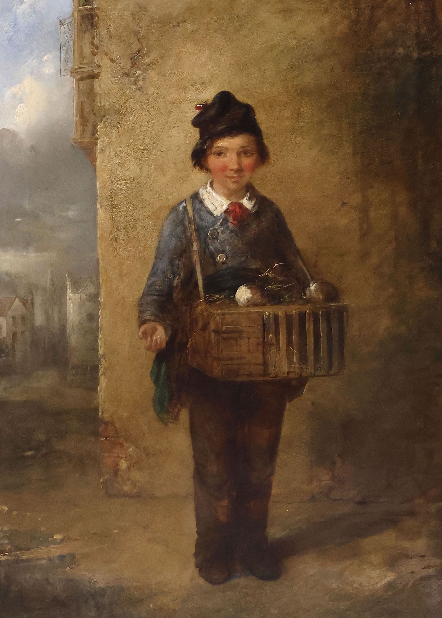 ENGLISH SCHOOL (19TH C.) GENRE PAINTING, YOUNG BOY STREET VENDOR: Framed English School oil on canvas painting, The Young Vegetable Seller, signed illegibly lower left, art supplier's stamp of George Rowney and Company, London, at verso, sight: approx 29"h, 21"w, ov