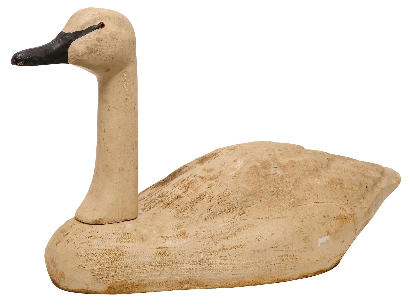 LARGE CARVED & PAINTED WOOD SWAN DECOY, 27"L: Large carved and paint-decorated wood swan decoy, possibly by Herter's Company, Waseca, Minnesota, with inset glass eyes, unmarked, approx 15"h, 27"l, 11"w, 11.75lbs