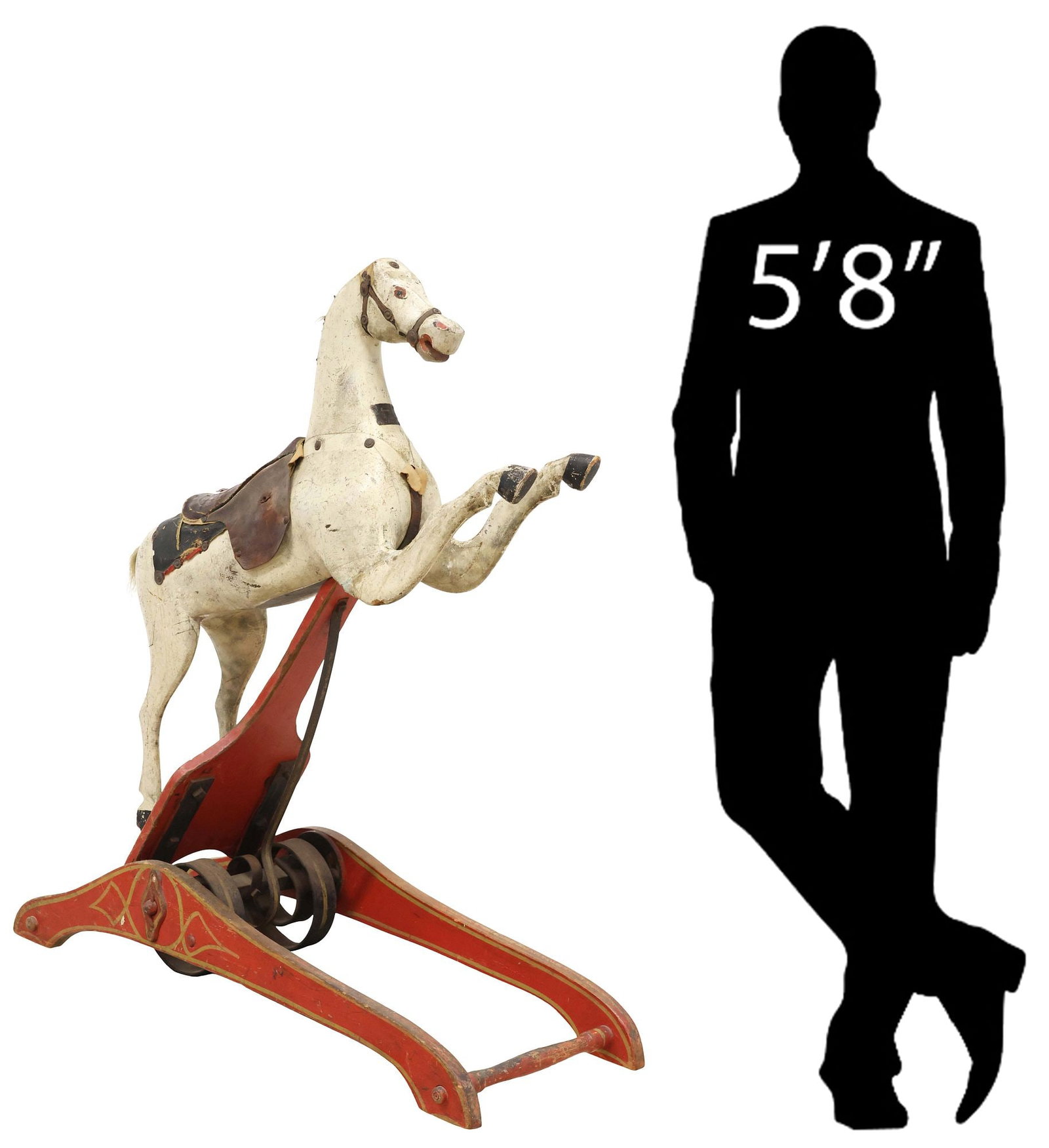 ANDREW CHRISTIAN AMERICAN SPRING ROCKING CAROUSEL HORSE, C.1860'S: Antique American carved wood "Improved Rocking" hobby horse, Andrew Christian (New York, c.1825-1871), c.1860s, country fair style horse with leather saddle and bridle, upholstered saddle blanket, rem
