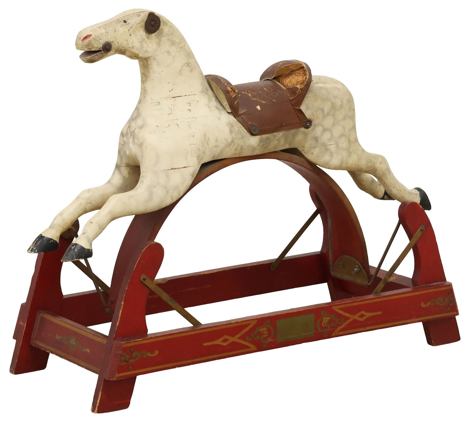 ANTIQUE AMERICAN WHITNEY REED STYLE GLIDER ROCKING HORSE: Antique American carved wood glider rocking horse, in the style of Whitney Reed Chair Company, early 20th c., in a worn polychrome-painted finish with airbrushed accents, upholstered saddle, mounted o