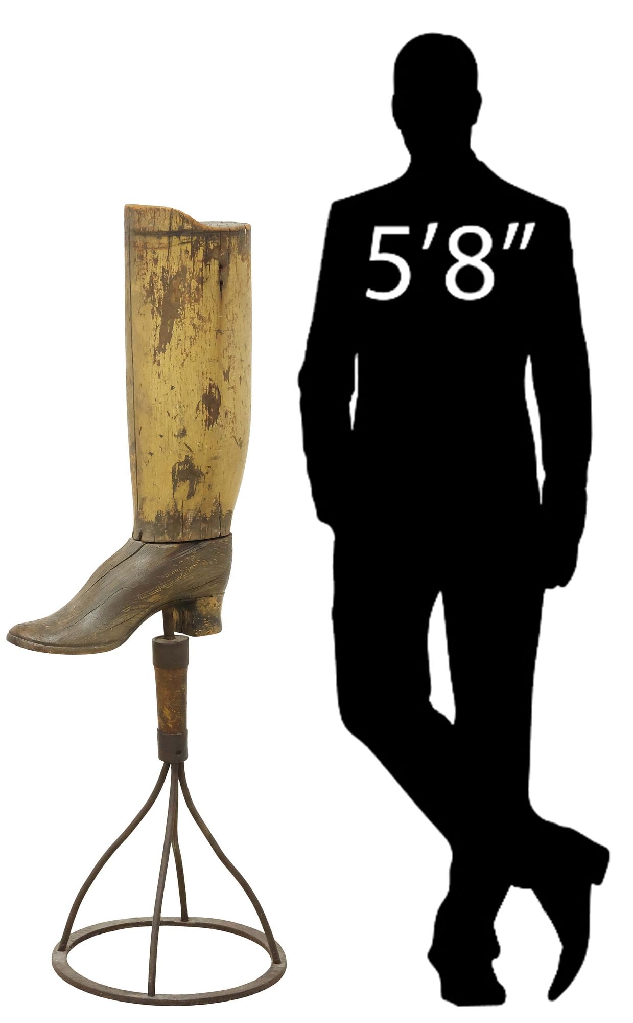 VICTORIAN PAINTED & CARVED WOOD BOOTMAKER TRADE SIGN ON IRON STAND: Victorian carved wood bootmaker's trade sign, late 19th c., in a worn, tan-painted finish, modeled as a large boot tree with oak foot and heel, marriage fashioned on a forged iron stand, overall: appr
