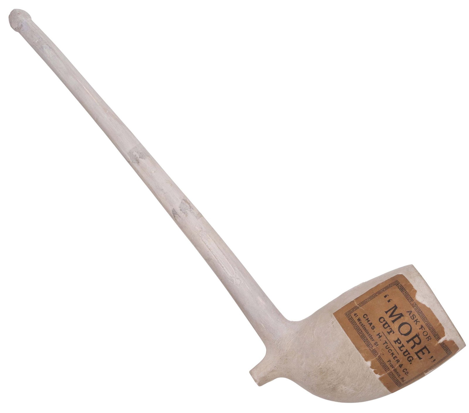 WILLIAM WHITE CO. CLAY TOBACCO SHOW PIPE, CHARLES TUCKER ADVERTISEMENT: Clay show pipe, William White Company, c.1880s, the bowl with paper tobacco advertisement label for Charles M. Tucker and Company, Providence, Rhode Island, impressed "W. White, Glasgow" maker's mark 