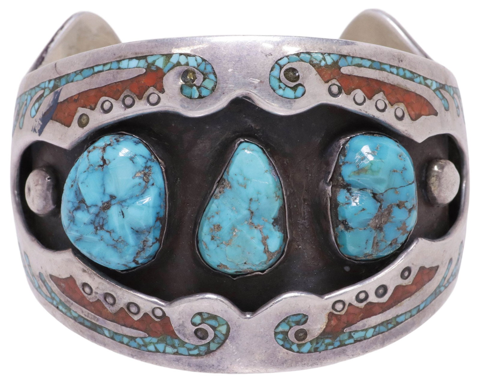 NATIVE AMERICAN CHIP-INLAID SILVER & TURQUOISE SHADOWBOX CUFF BRACELET SIGNED: Native American silver (content unknown) shadowbox cuff bracelet, signed CJ possibly Charlie John (Navajo/ Dine, b.1954), having three nugget-style turquoise cabochons on a recessed oxidized ground, w