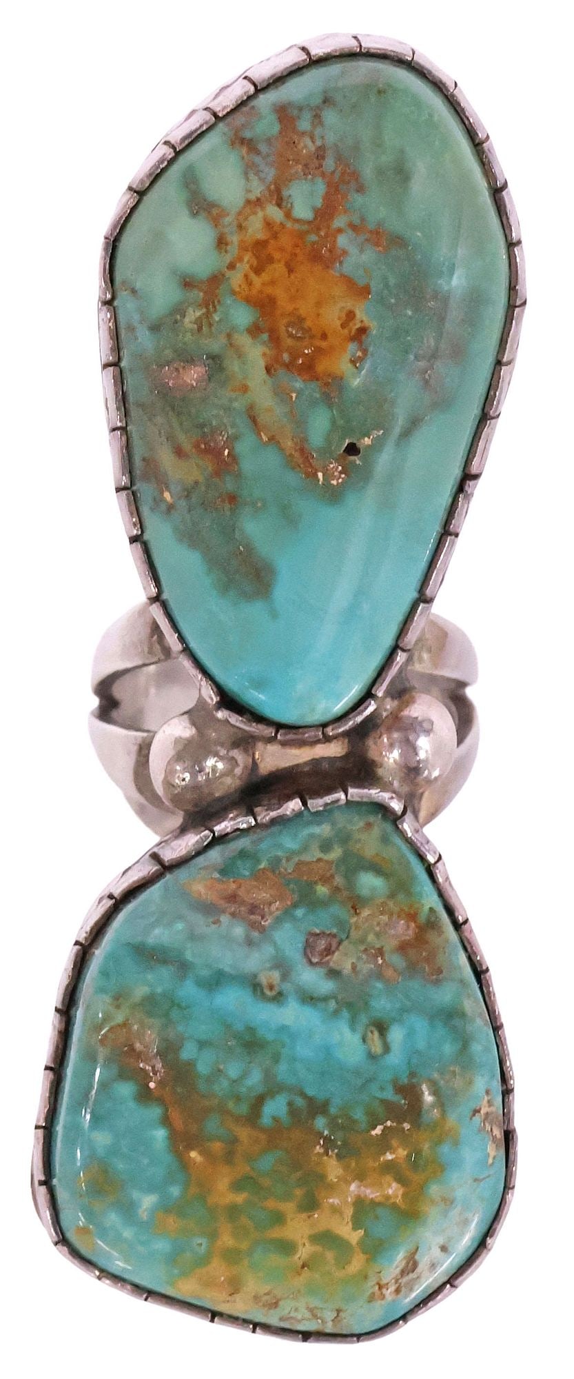 MELVIN THOMPSON NAVAJO STERLING & TURQUOISE FULL-FINGER RING: Native American sterling silver and turquoise ring, signed MT (Melvin Thompson, Navajo/ Dine, 20th c.), split shank band with two large freeform cabochons, marked sterling, overall: approx 3"l, 1 1/3"