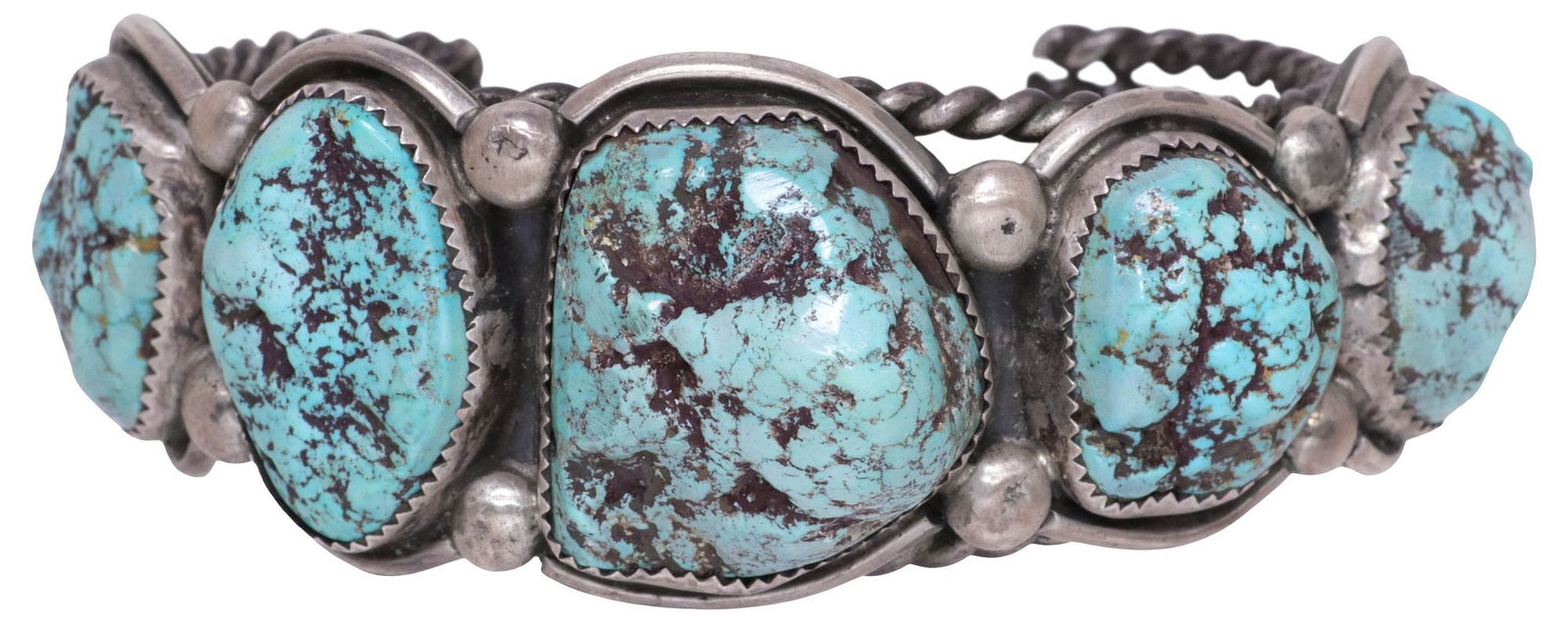 NATIVE AMERICAN SILVER & TURQUOISE NUGGET CUFF BRACELET: Native American silver (content unknown) cuff bracelet, with five nugget-style turquoise stones in serrated bezel settings, on twisted rope split shank, unmarked, approx 1.25"w, interior: approx 5.75"