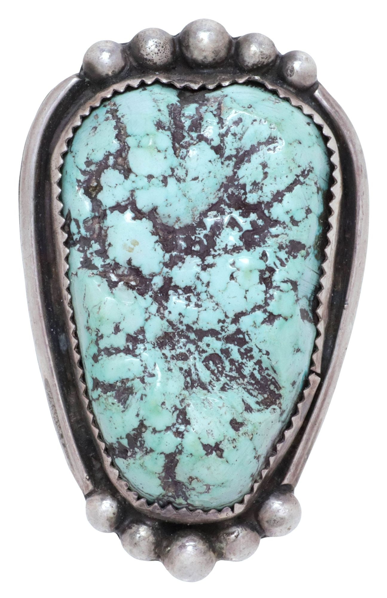 LARGE NATIVE AMERICAN SILVER & TURQUOISE CABOCHON GENT'S RING: Large Native American silver (content unknown) gent's ring, bezel-set turquoise cabochon in beaded surround, signed UXZR and inscribed "2pc set," plaque: approx 1 7/8"l, 1 1/8"w, approx size 11.75-12,
