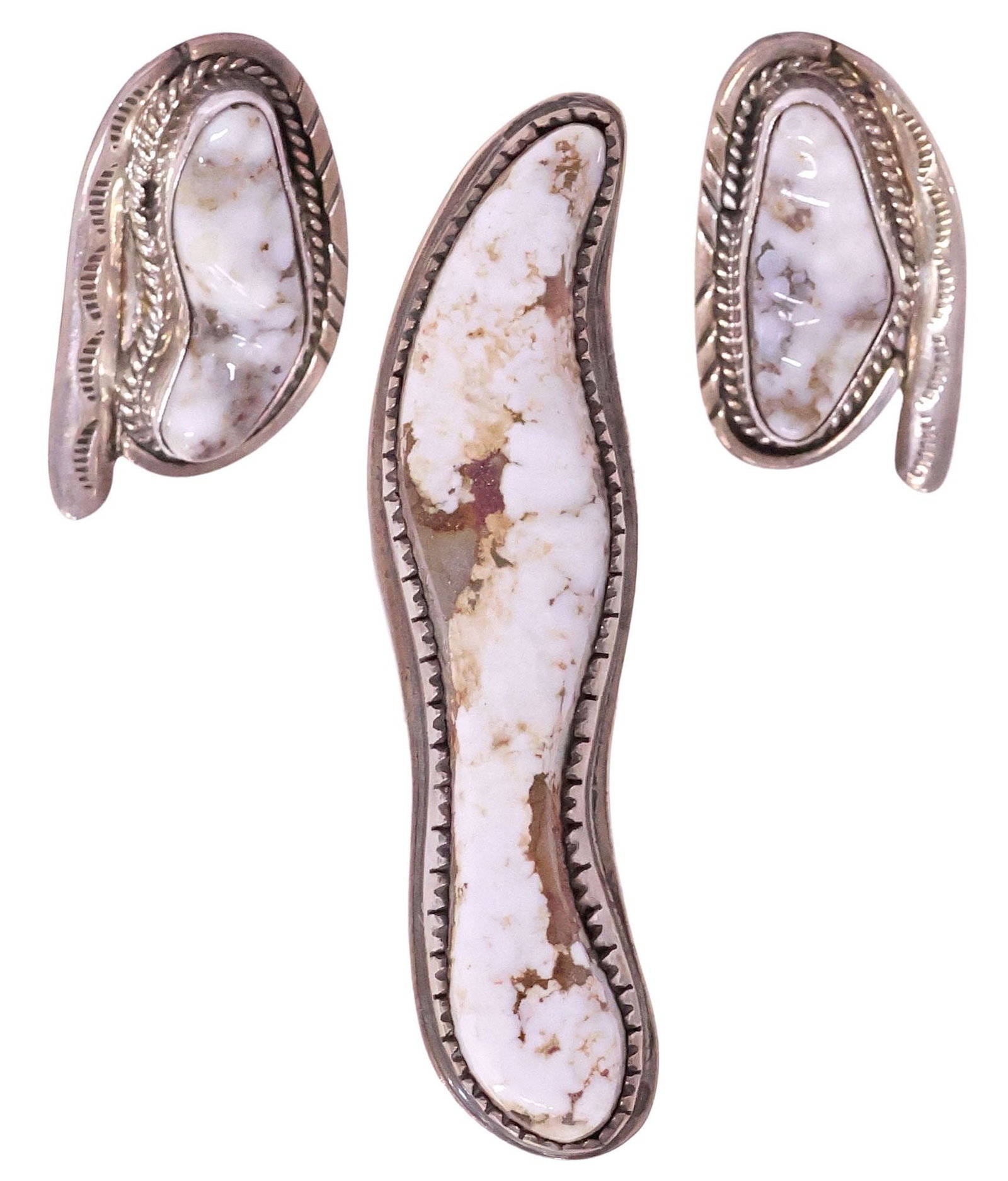 (2) RAMONA LOLOMA (HOPI, 20TH C.) STERLING & WHITE GEMSTONE RING & EARRINGS: (lot of 2) Native American sterling silver and white gemstone jewelry set, each signed Ramona (Ramona Loloma, Hopi, 20th c.), with central freeform cabochon in serrated bezel, likely white buffalo tur