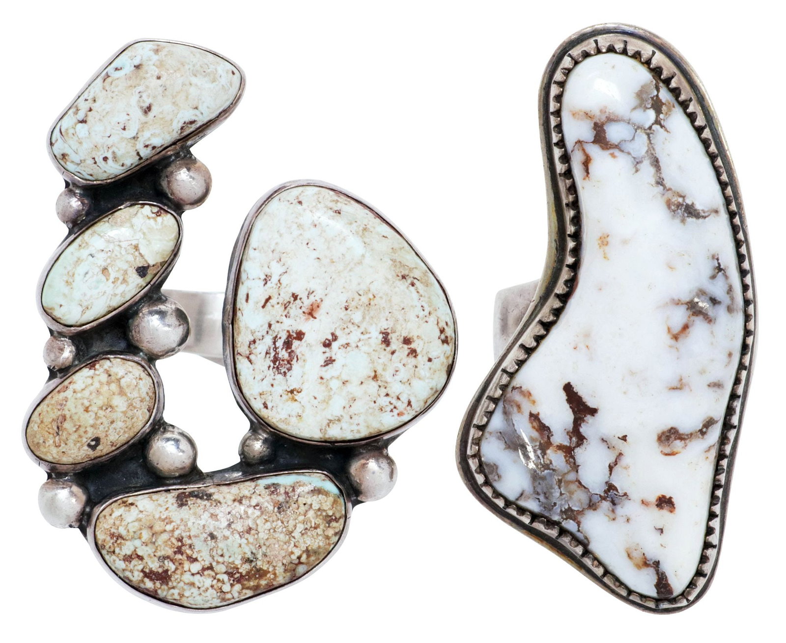 (2) NATIVE AMERICAN STERLING & WHITE GEMSTONE RINGS, RAMONA LOLOMA & OTHER: (lot of 2) Large Native American sterling silver and white gemstone rings, likely white buffalo turquoise or wild horse magnesite, each marked sterling, including: (1) signed Ramona (Ramona Loloma, Ho