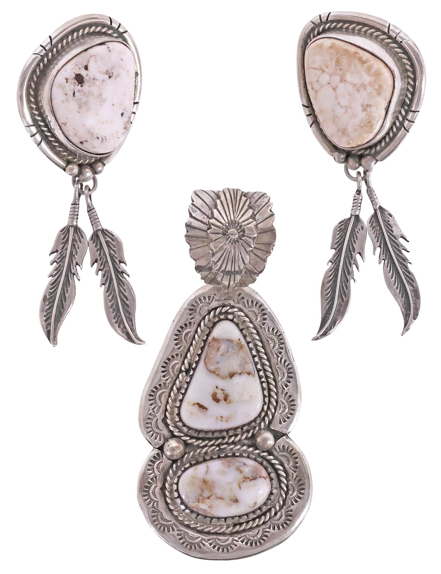 (2) NATIVE AMERICAN STERLING JEWELRY, TOM WILLETO PENDANT & RAMONA LOLOMA EARRINGS: (lot of 2) Native American sterling silver and white gemstone jewelry set, likely white buffalo turquoise or wild horse magnesite, each marked sterling, including: (1) pendant, signed Tom Willeto (Nav