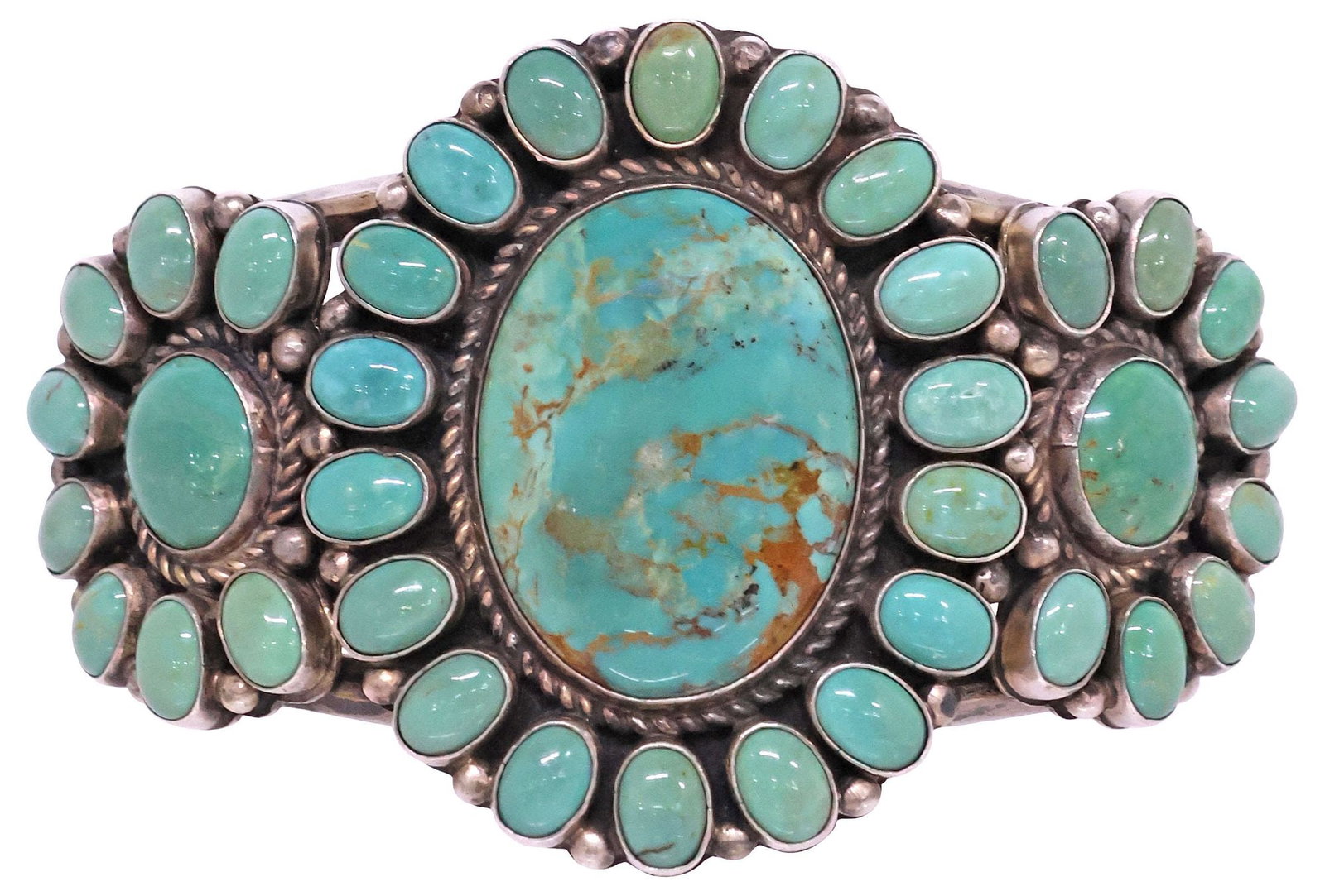 SIGNED AS NAVAJO NATIVE AMERICAN SILVER & TURQUOISE CLUSTER CUFF BRACELET (1 of 5)