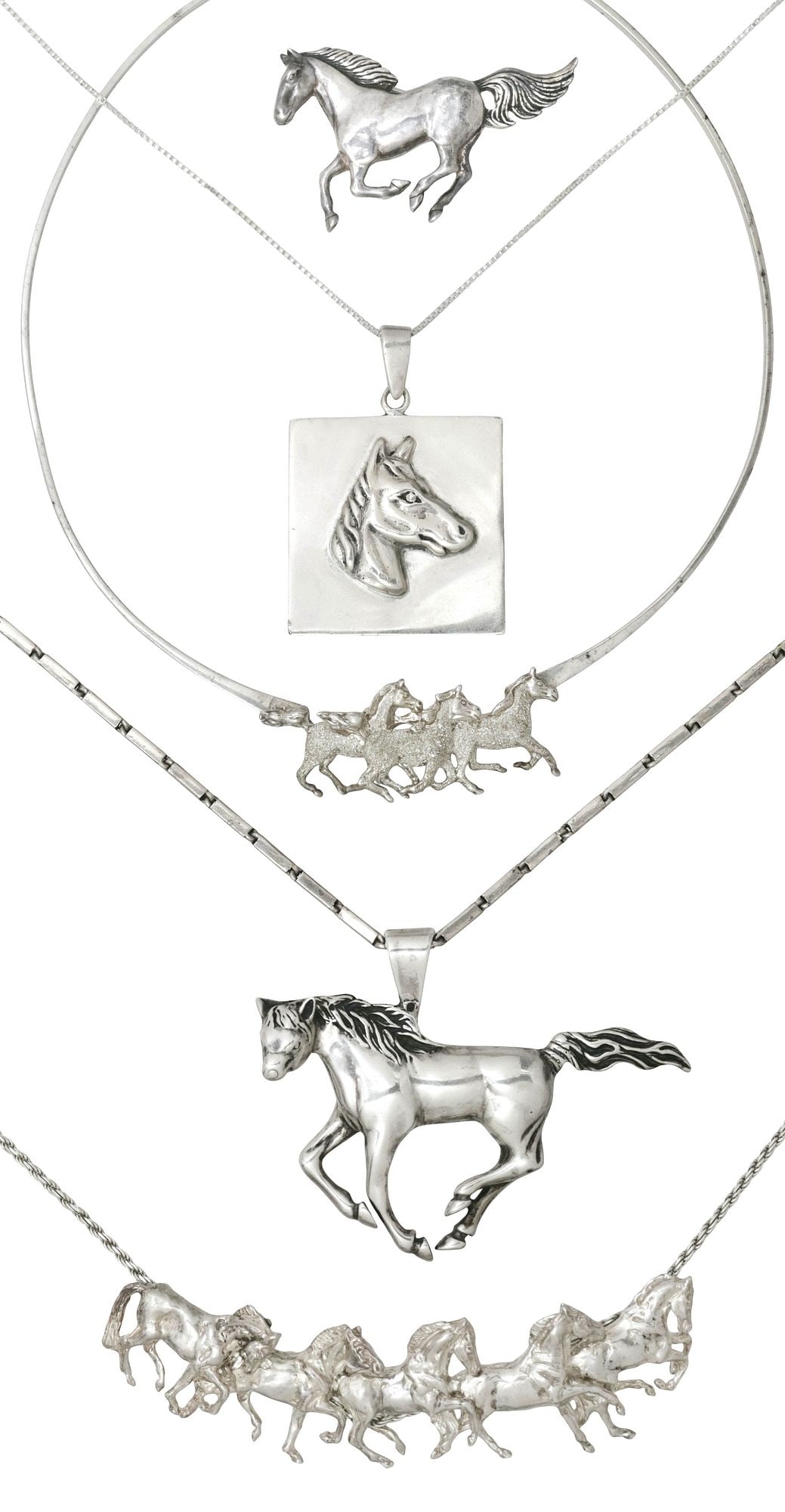 (5) SOUTHWEST & NATIVE AMERICAN STERLING SILVER HORSE NECKLACES & BROOCH: (lot of 5) Native American and Southwest style sterling silver jewelry group, including: (1) horse brooch, Glen and Irene Sandoval (Navajo/ Dine, 20th c.), marked GS sterling, approx 2"l, 1"w; (1) pen