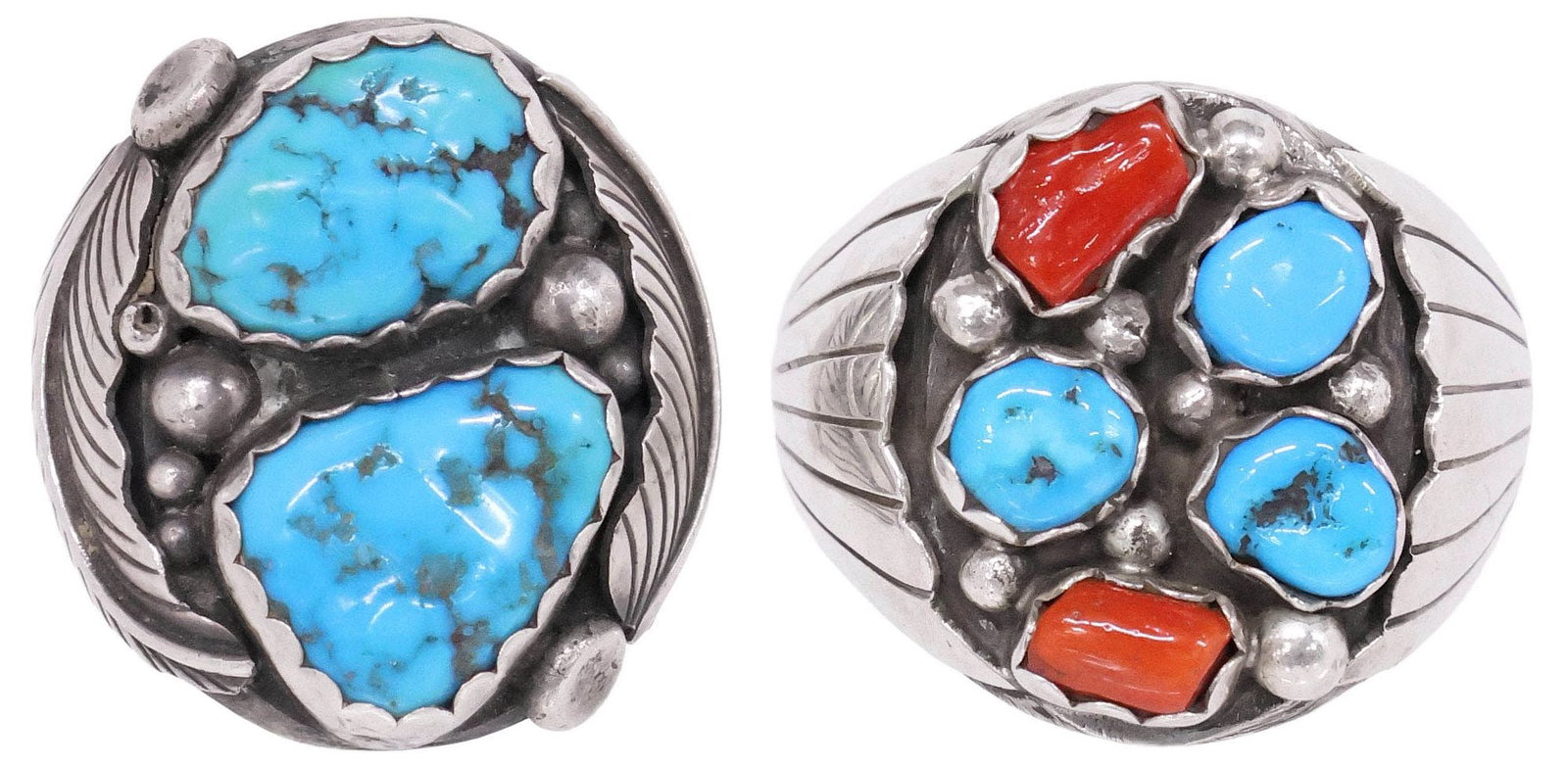 (2) GENT'S NATIVE AMERICAN STERLING, TURQUOISE, & RED CORAL RINGS: (lot of 2) Gent's Native American sterling silver rings, each with beadwork and shadowbox setting, marked sterling, varied designs and makers, including: (1) signed M (Wilbur Musket Jr., Navajo/ Dine,