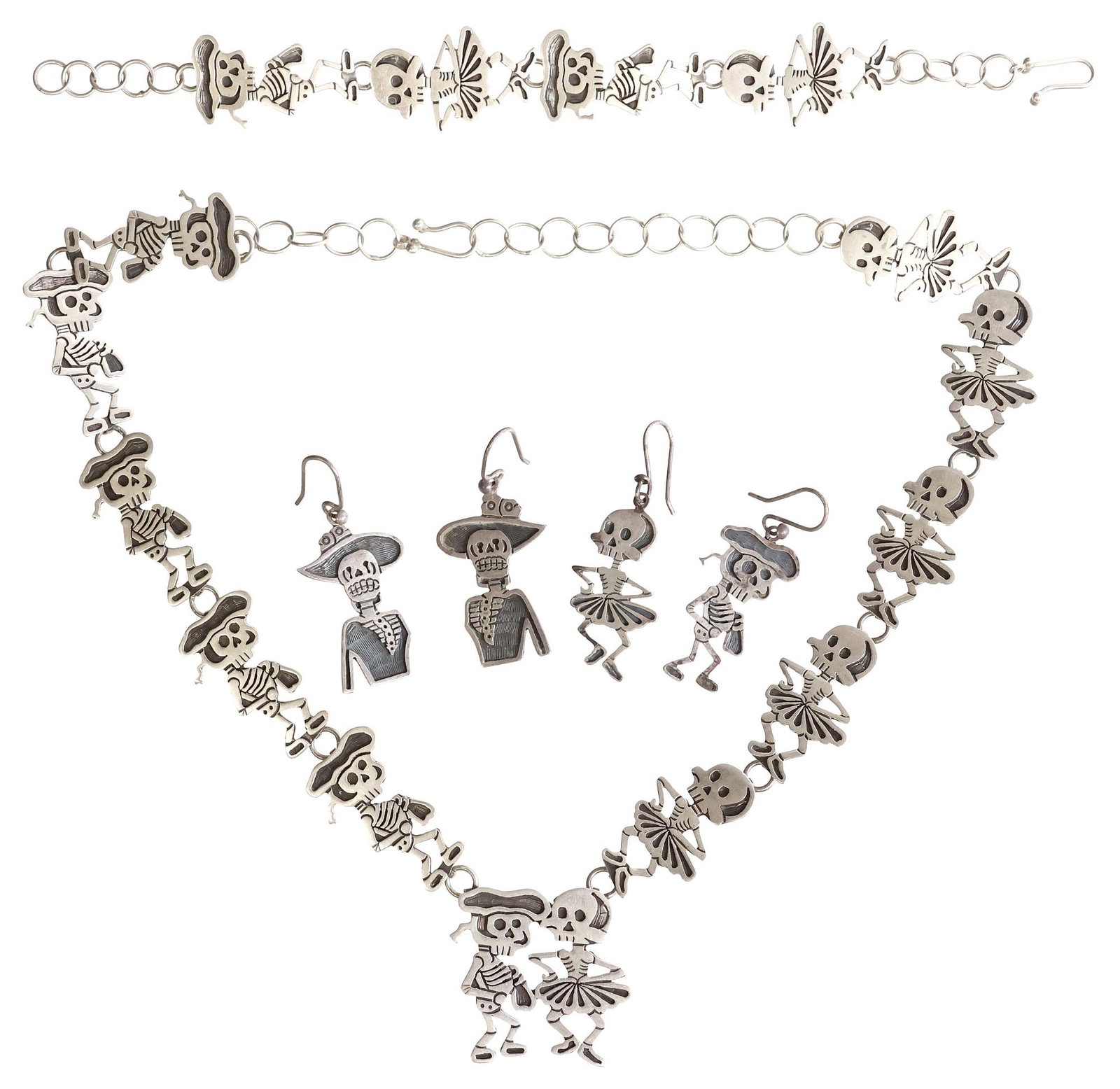 (4) MARIA BELEN MEXICO STERLING SILVER 'DIA DE LOS MUERTOS' JEWELRY SET: (lot of 4) Artisan sterling silver "Dia de los Muertos" jewelry suite, designed by Maria Belen (Mexico, 20th c.), each modeled as a "Calavera Catrina" skeleton, hallmarked 925, many with maker's mark,