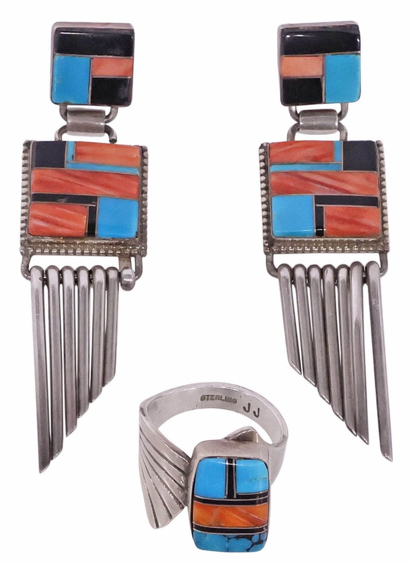 (2) NATIVE AMERICAN STERLING & MULTI-STONE MOSAIC CHANNEL INLAID RING & EARRINGS: (lot of 2) Native American sterling silver and multi-stone channel inlay jewelry, each with turquoise, onyx, and spiny oyster mosaic inlay, marked sterling, including: (pair) earrings, signed VP (Vern