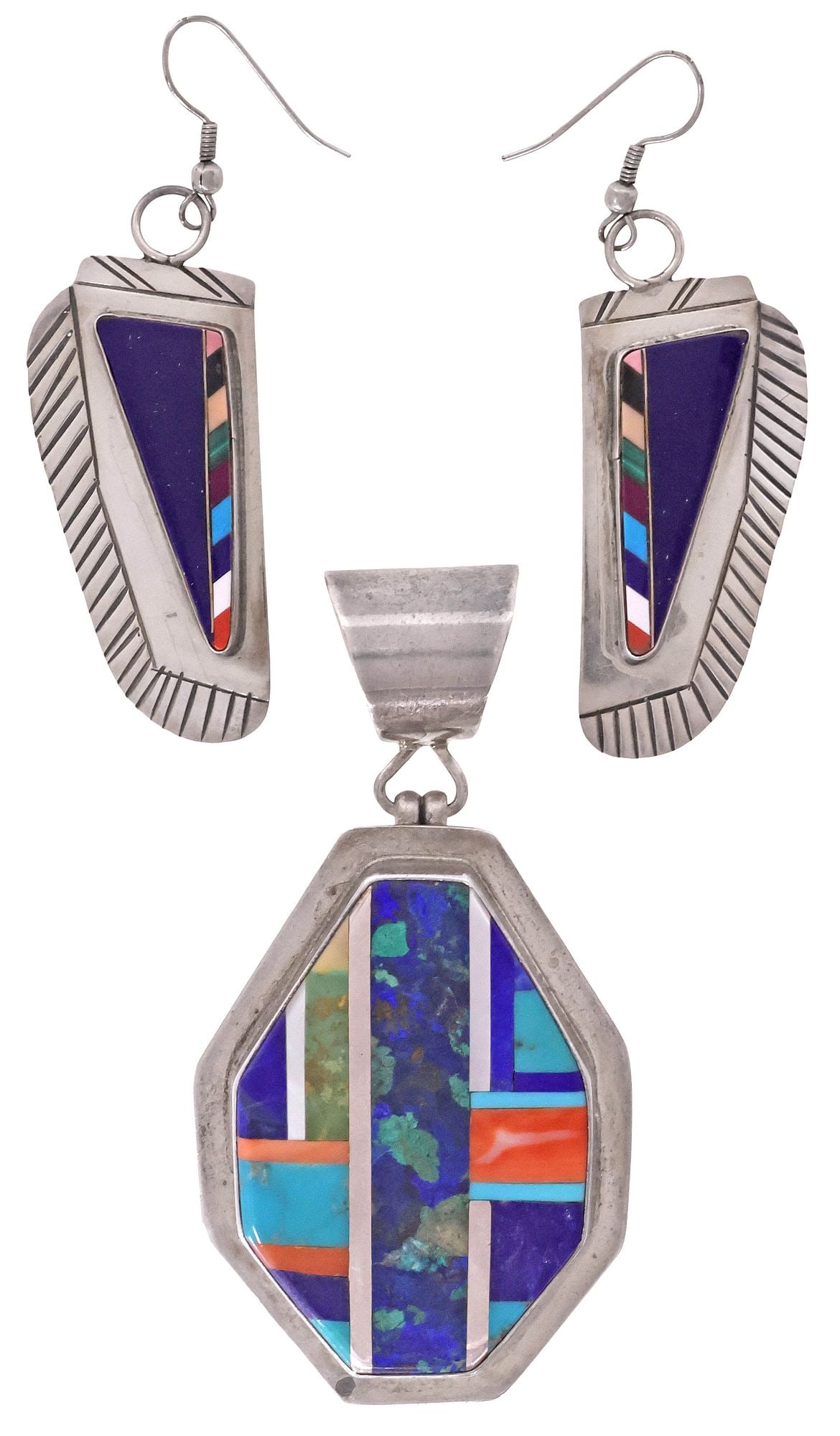 (2) NATIVE AMERICAN STERLING & MULTI-STONE CHANNEL INLAID EARRINGS & PENDANT: (lot of 2) Native American sterling silver channel-inlaid jewelry, each marked sterling with multi-stone inlay including onyx, lapis lazuli, spiny oyster, shell, and malachite, including: (1) pendant,