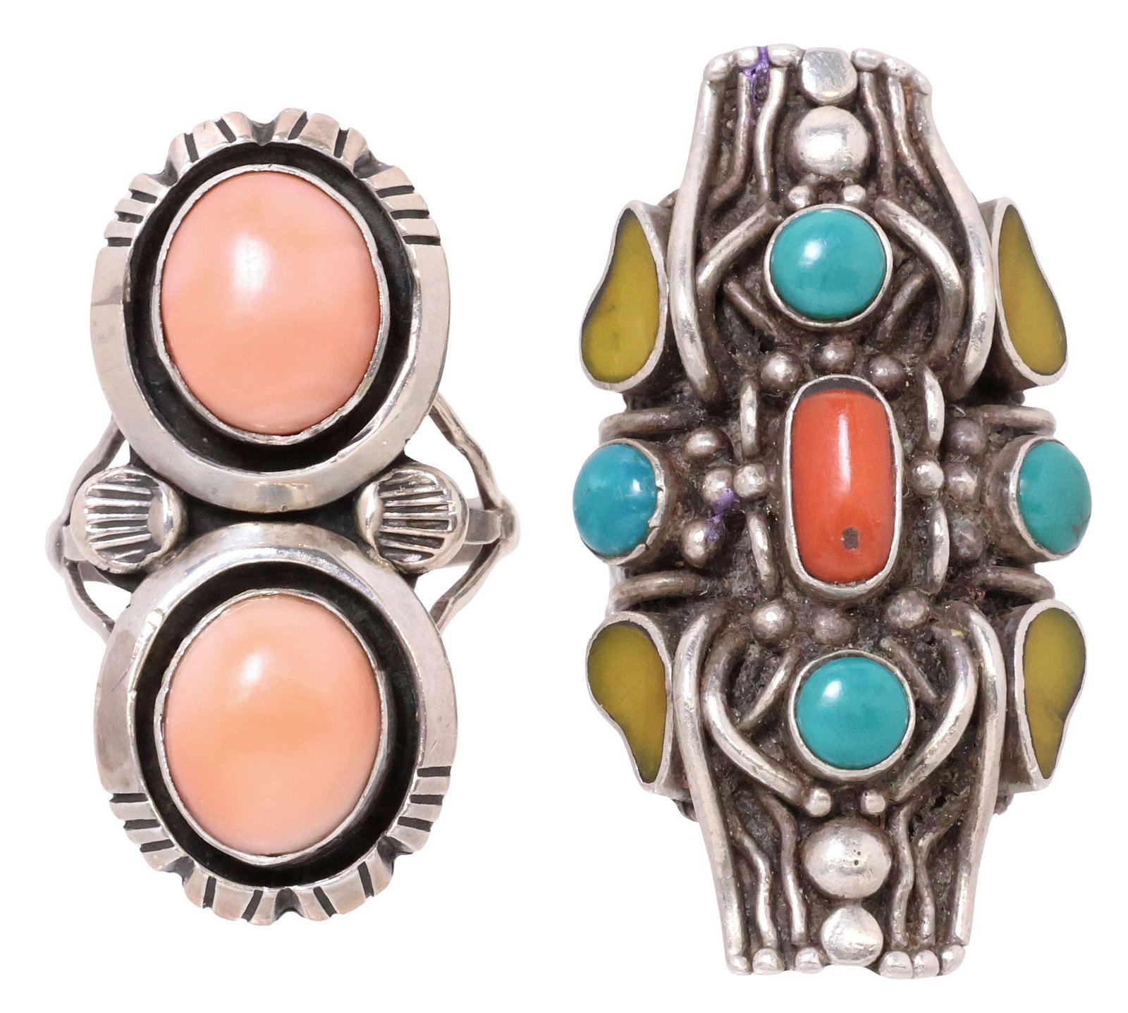 (2) WILLIAM J. JOHNSON NAVAJO & SOUTHWEST STERLING GEMSTONE RINGS: (lot of 2) Native American and Southwest sterling silver rings, including: (1) signed William J. Johnson (Navajo/ Dine, 20th c.), with two bezel-set pink cabochons, stampwork trim, marked sterling, ap