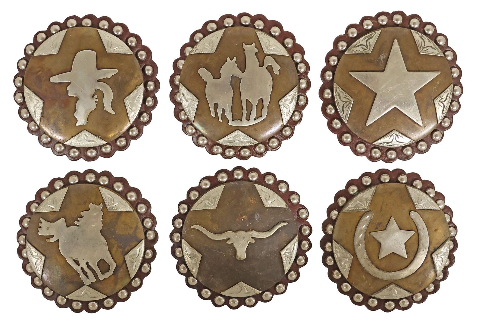 (6) WESTERN SILVER & PATINATED METAL-MOUNTED LEATHER BUCKLE & CONCHOS (1 of 2)