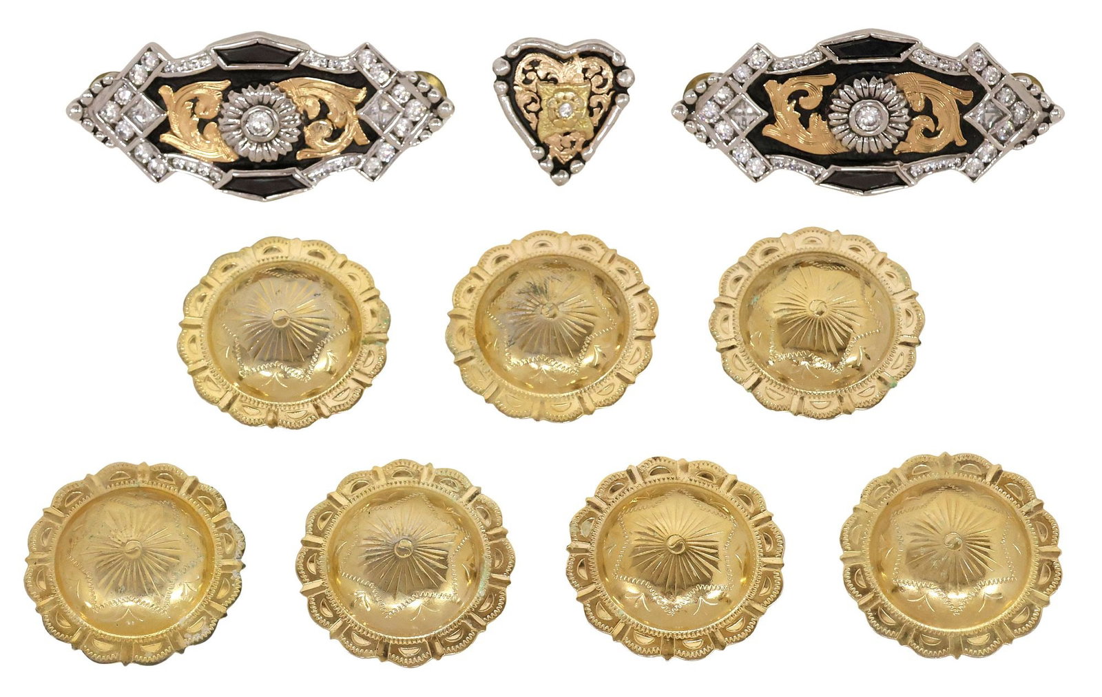 (10) WESTERN STERLING & GILT METAL CONCHOS, BOB BERG, HYO SILVER, & OTHER: (lot of 10) Western sterling and metal saddle or accessory conchos, all with Chicago screw backs varied designs and makers, including: (1) sterling heart, with pierced gilt-metal foliates, centering s