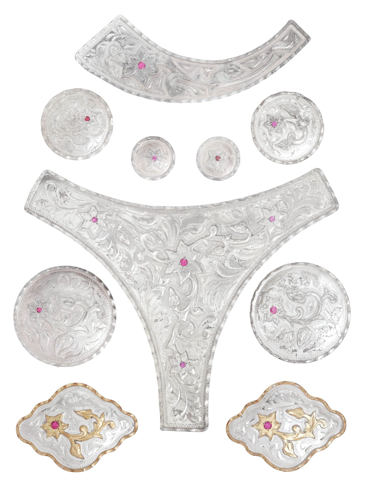 (10) CORTES COMPANY SILVERPLATE & PINK GEMSTONE HORSE SHOW CONCHOS (1 of 6)
