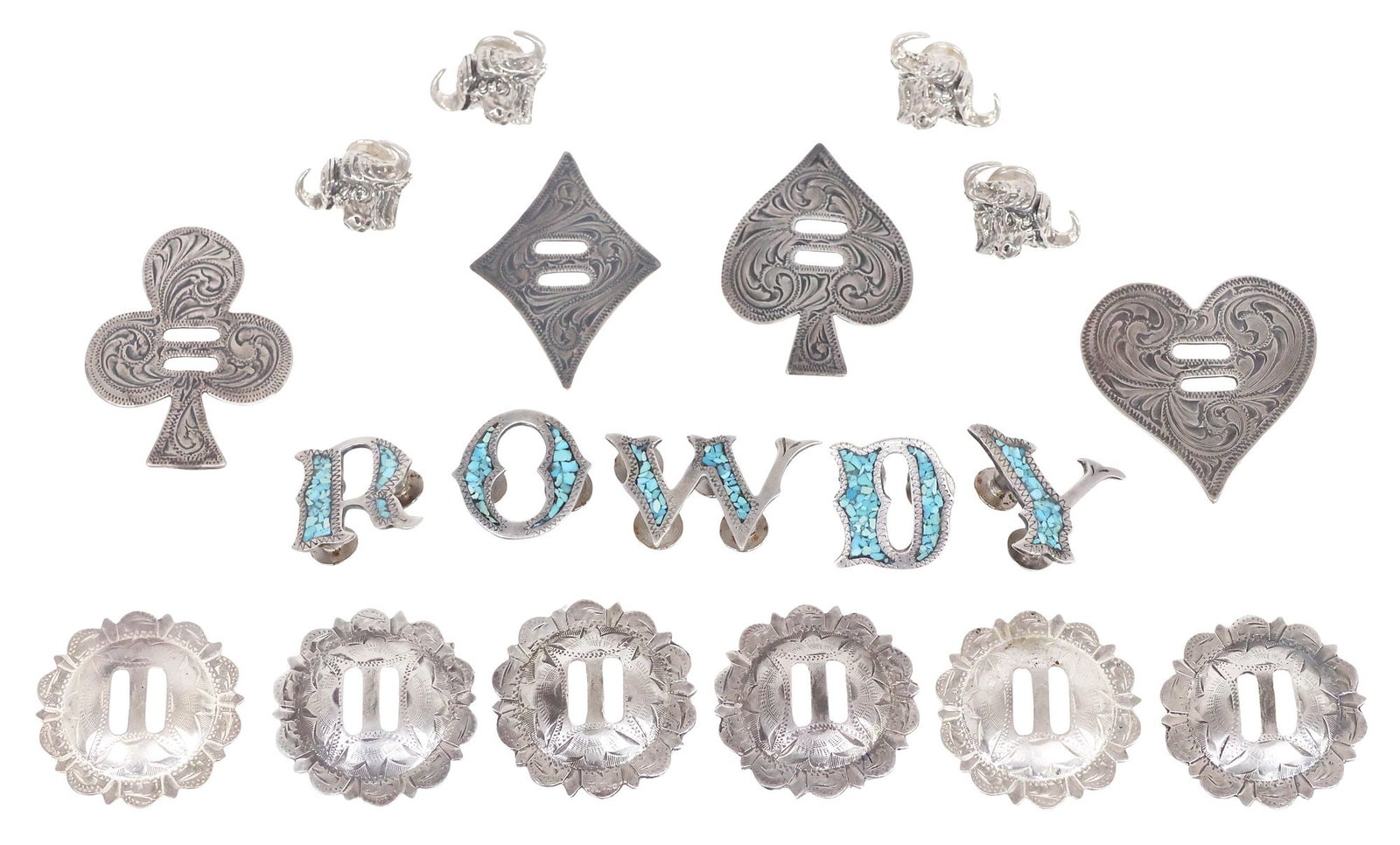 (19) WESTERN STERLING & SILVER-TONED METAL CONCHOS, 6 VOGT STERLING: (lot of 19) Western sterling and silver-toned conchos, varied designs, materials, and makers, including: (6) Vogt Silversmiths sterling button conchos with engraved foliates and picot edge, approx 1.5