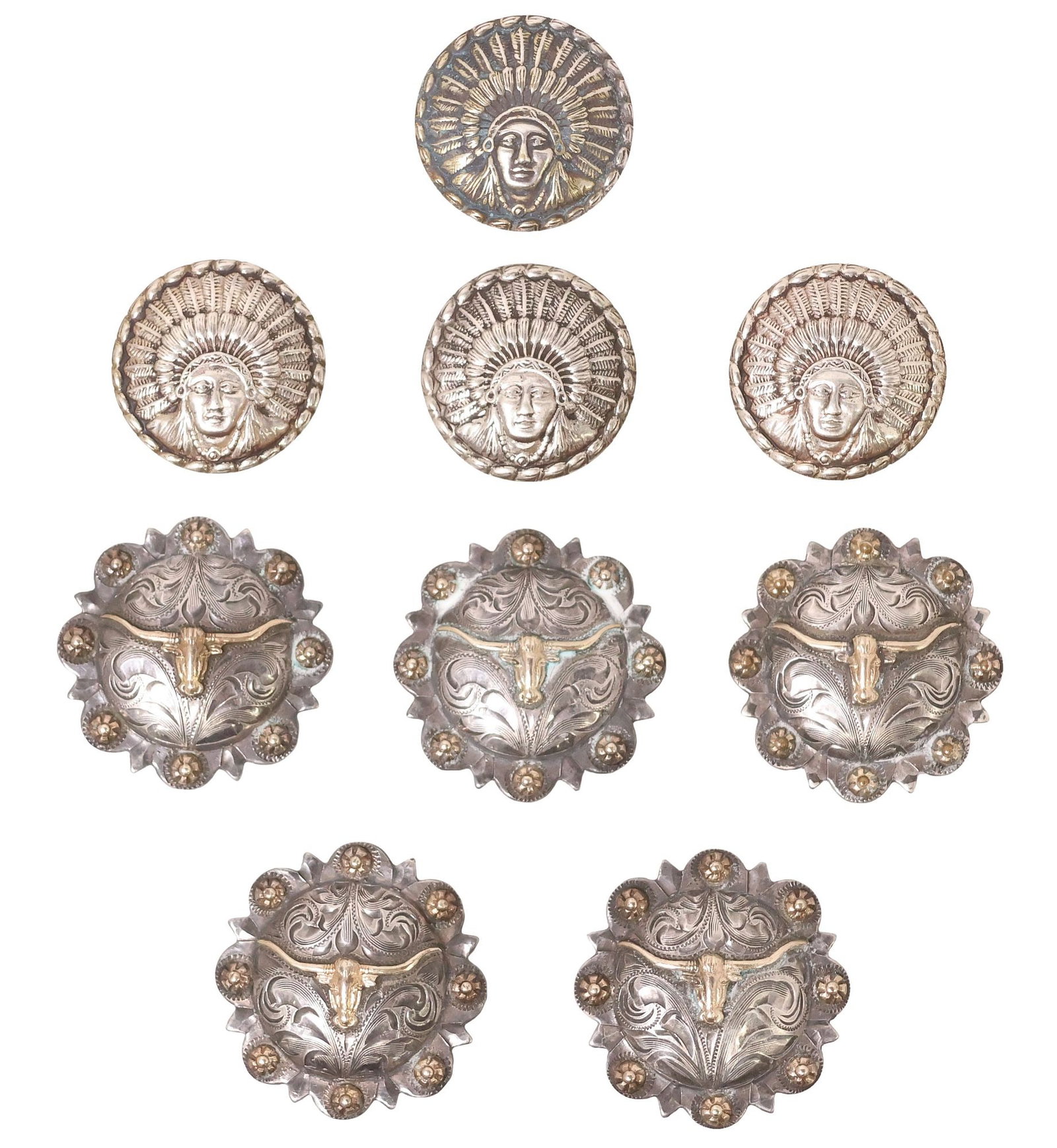 (9) STERLING FIGURAL & LONGHORN CONCHOS, VOGT SILVERSMITHS & OTHER: (lot of 9) Western sterling silver saddle conchos, each hallmarked, varied designs and makers, including: (5) Vogt Silversmiths, with engraved scrolling foliates and 14kt gold fill longhorn motif fram