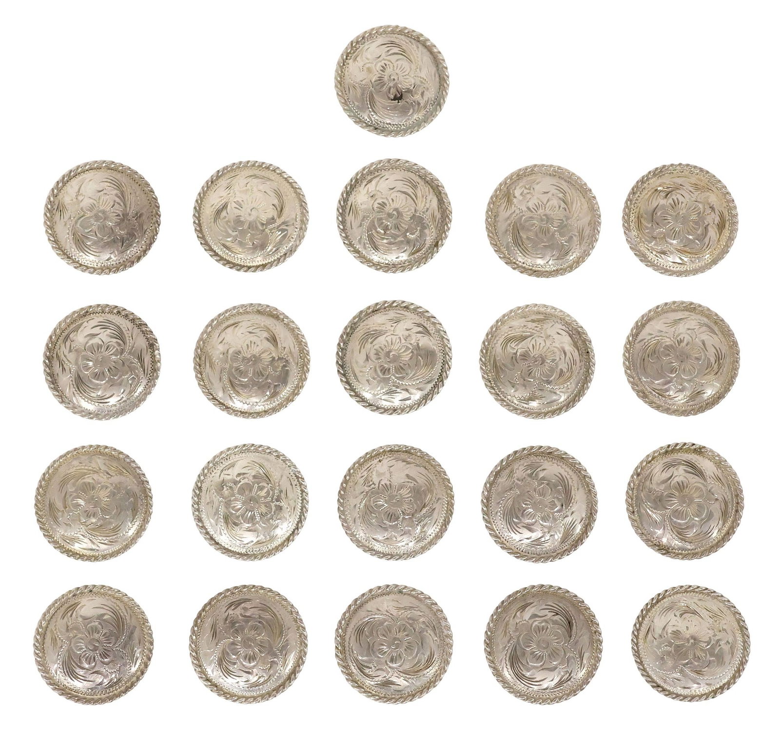 (21) FLEMING SILVER-OVERLAID 'CACTUS BLOSSOM' SADDLE CONCHOS (1 of 4)