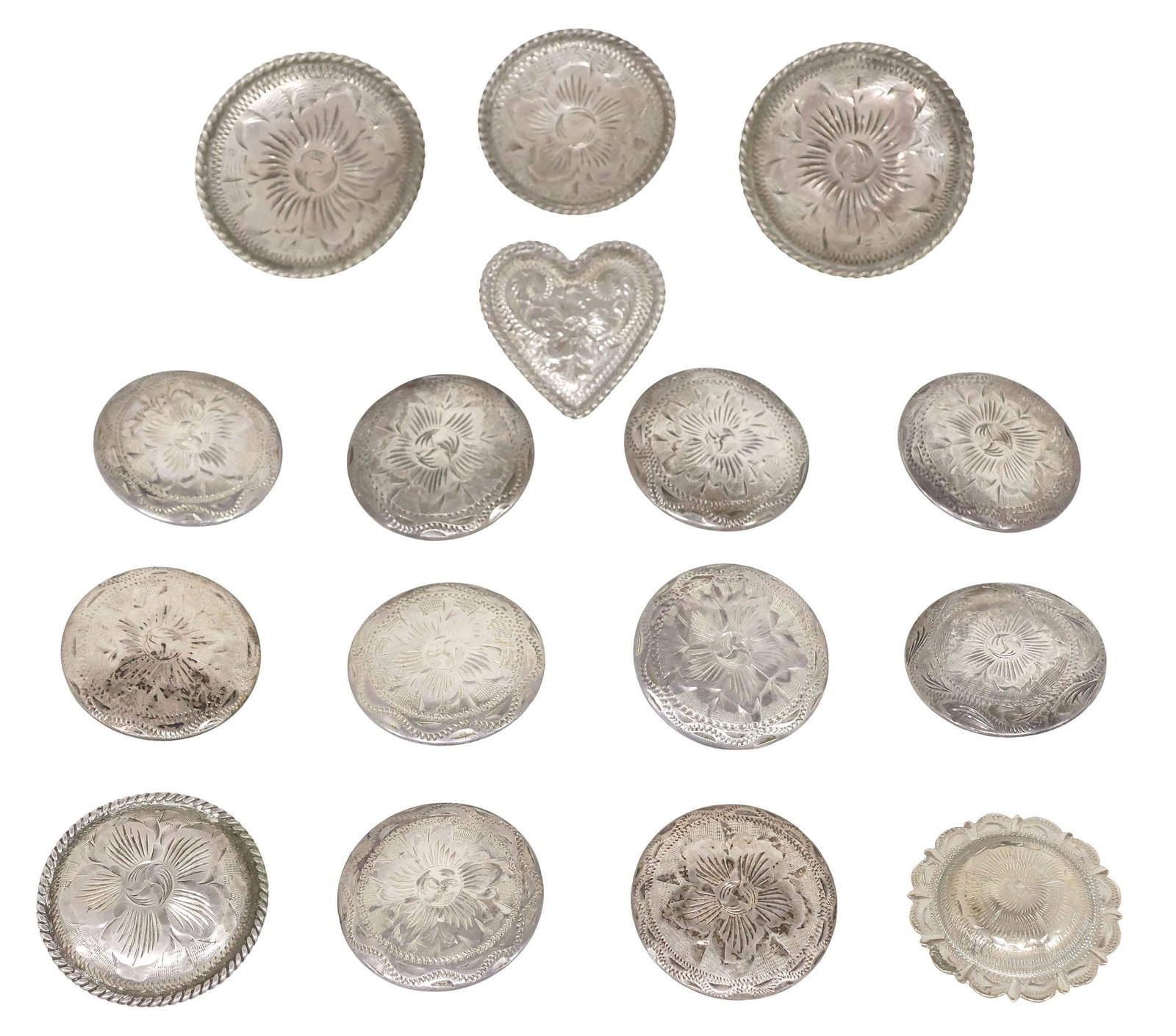 (16) VOGT SILVERSMITHS MEXICO STERLING SILVER 'POPPY' SADDLE CONCHOS: (lot of 16) Western engraved sterling silver saddle concho buttons, Vogt Silversmiths, Mexico, each with central poppy flower, (five) with rope trim, brass Chicago and saddle screw backs, each hallmar