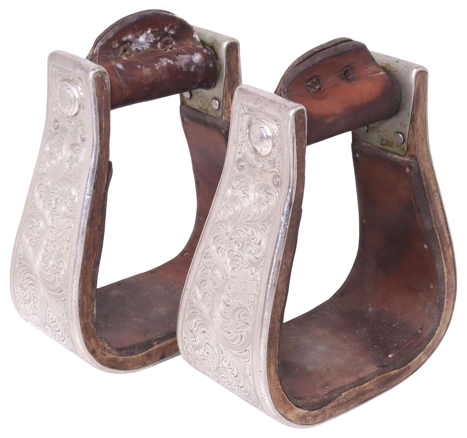 (PAIR) DIABLO ENGRAVED STERLING SILVER OVERLAY SADDLE STIRRUPS (1 of 5)