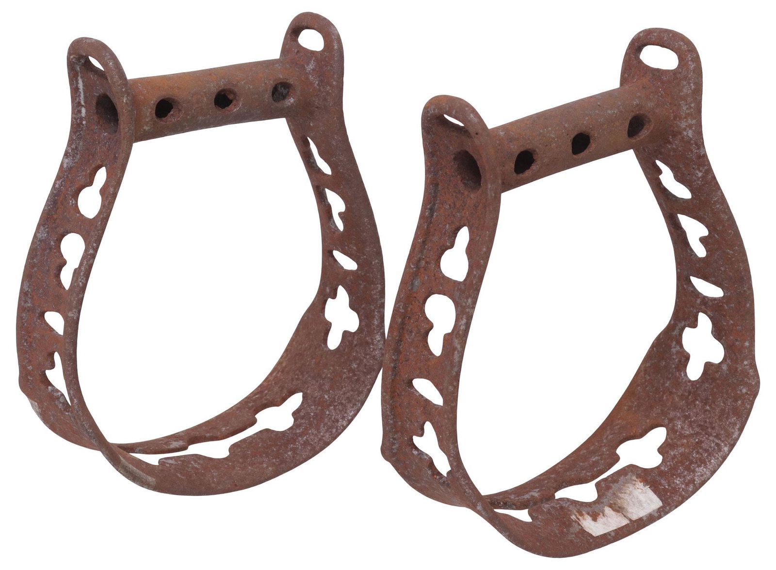 (PAIR) ANTIQUE WESTERN IRON CUTOUT SADDLE STIRRUPS: Vintage Horse Stirrups, 1930's/40's, iron in rust, each with numerous cutouts including quatrefoils, lobed, oval; and others, each approx. overall 6.5" x 5.5", total of both approx. 2.1lbs