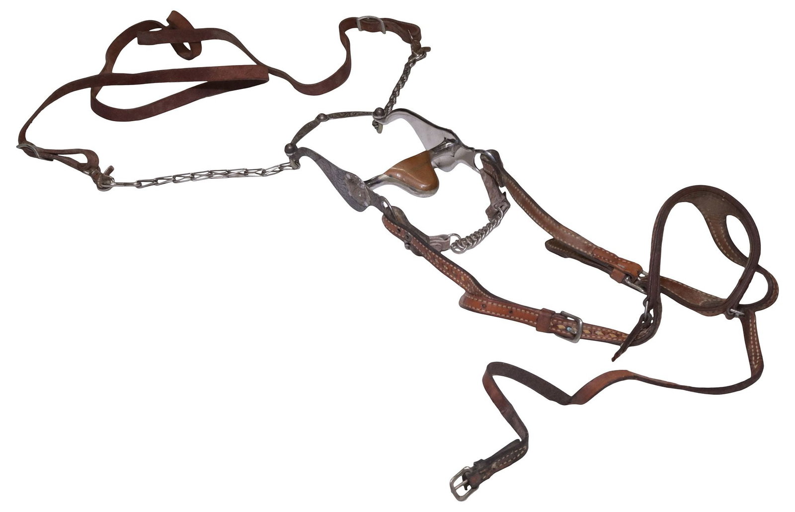 VINTAGE SILVER MOUNTED HORSE BIT & BRIDLE: Vintage Horse Bit with Bridle, the bit with engraved silver 8" cheekpieces having a chain and leather curb strap, the engraving extended to the slobber bar, no maker mark observed, a leather headstall