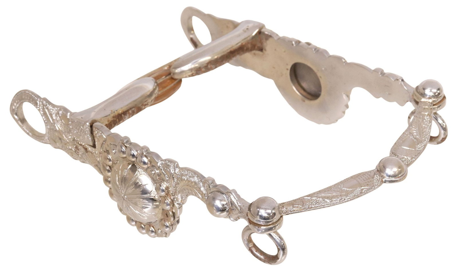 NORM VOGT SILVER OVERLAY ENGRAVED SHOW HORSE BIT: Norm Vogt Horse Bit, the 8" cheekpieces engraved in an oak and acorn pattern accented with 2.25" berry edge conchos (silver content unknown), the 5" copper striped curb mouth piece with