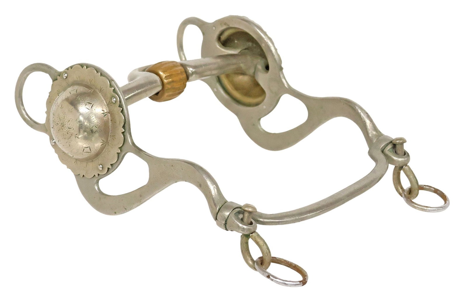 VINTAGE VISALIA "STAR STEEL SILVER" HUMANE SHOW HORSE BIT: Vintage Visalia Stock Saddle Company Horse bit, 7.25" cheekpieces with 2.5" engraved conchos, a 5" steel curb mouthpiece with copper roller, the 4.5" slobber bar with swivel rings, marking include on 