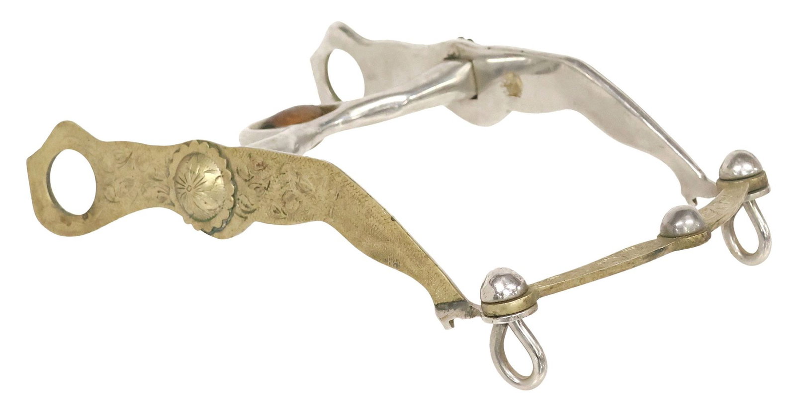 VINTAGE ENGRAVED GAL LEG SHOW HORSE BIT: Vintage Gal Leg Horse Bit, the 9" cheek pieces with foliate engraving on tarnished brass with an engraved concho at each side, the 5" curb mouth piece with a copper roller, the foliate engraving conti